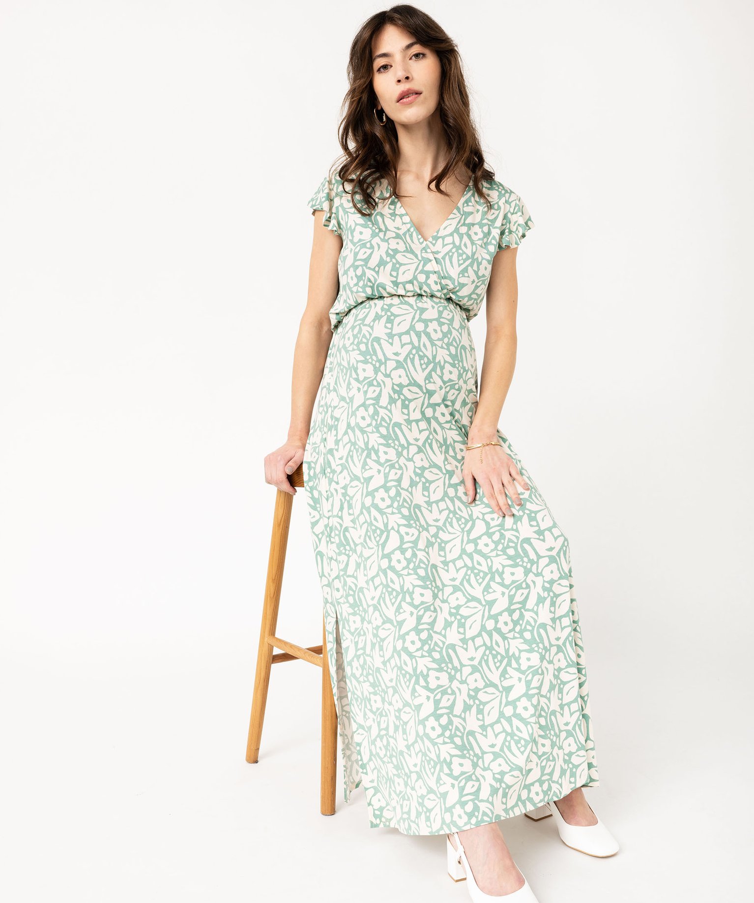 Robe longue à col cache-cœur et manches courtes volantées femme - M - vert - GEMO