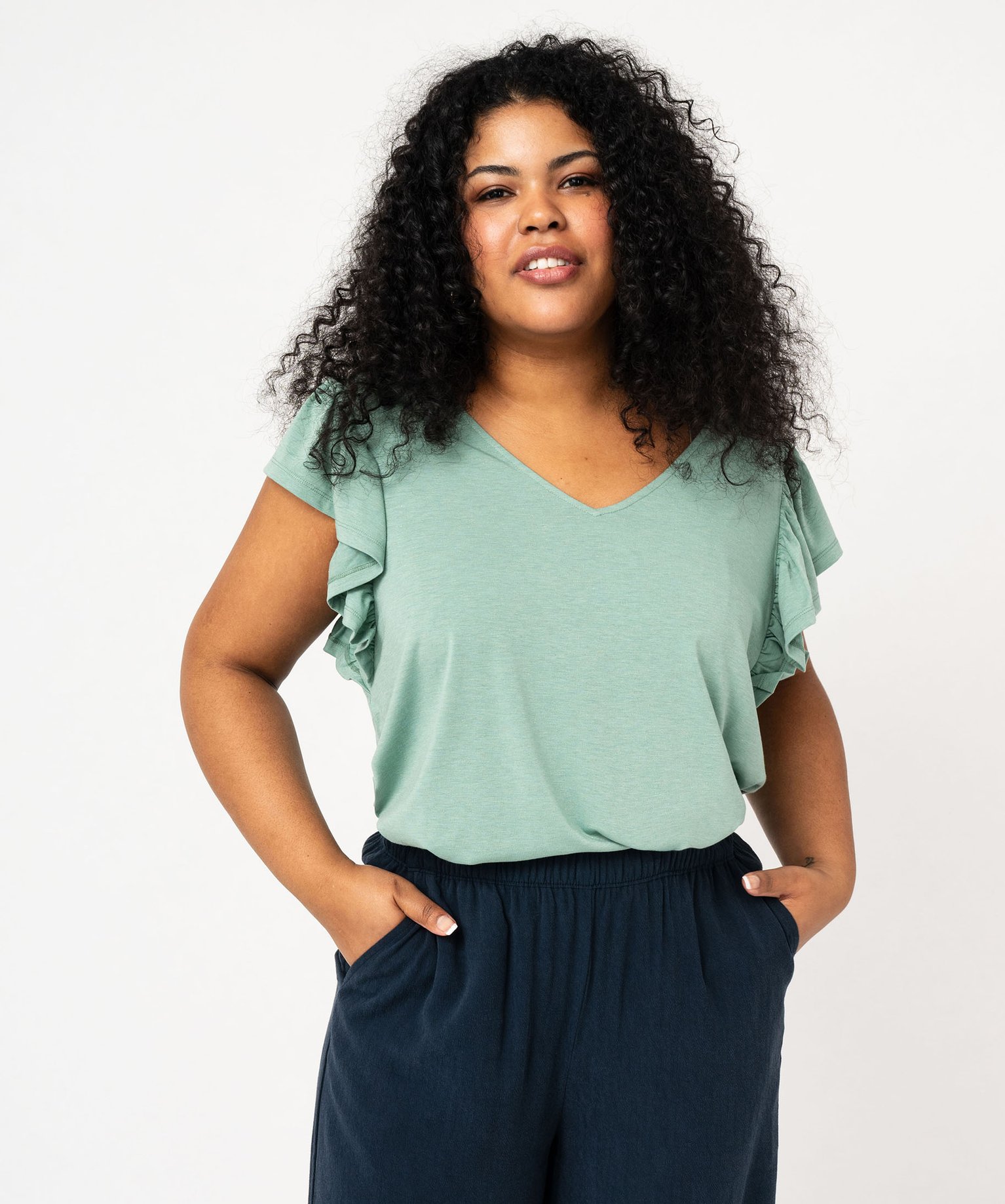 Tee-shirt pailleté avec manches à volants femme grande taille - 54/56 - vert - GEMO