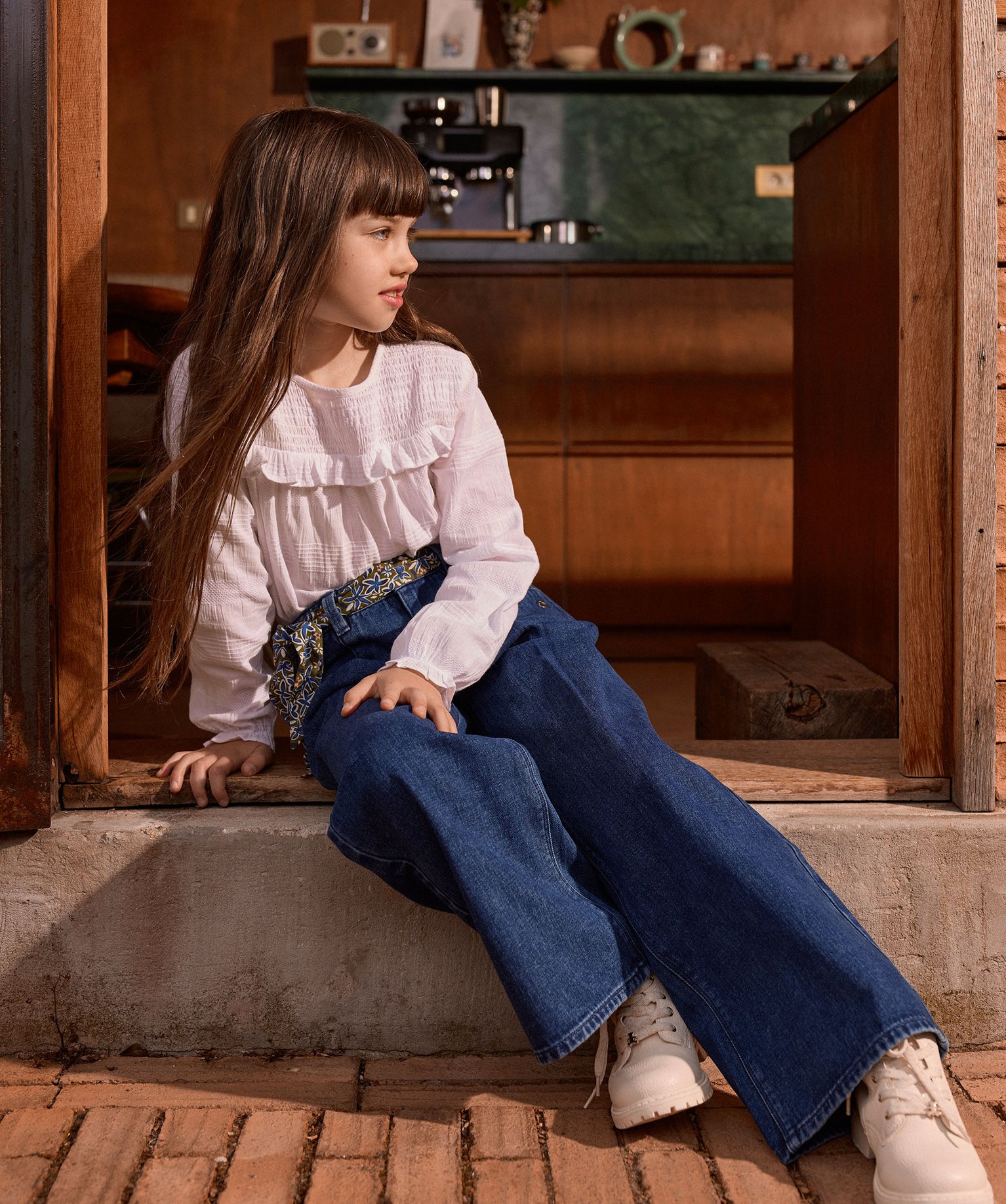 Jean wide leg à taille haute réglable et ceinture fleurie fille - LuluCastagnette - 4 - stone - LULUCASTAGNETTE