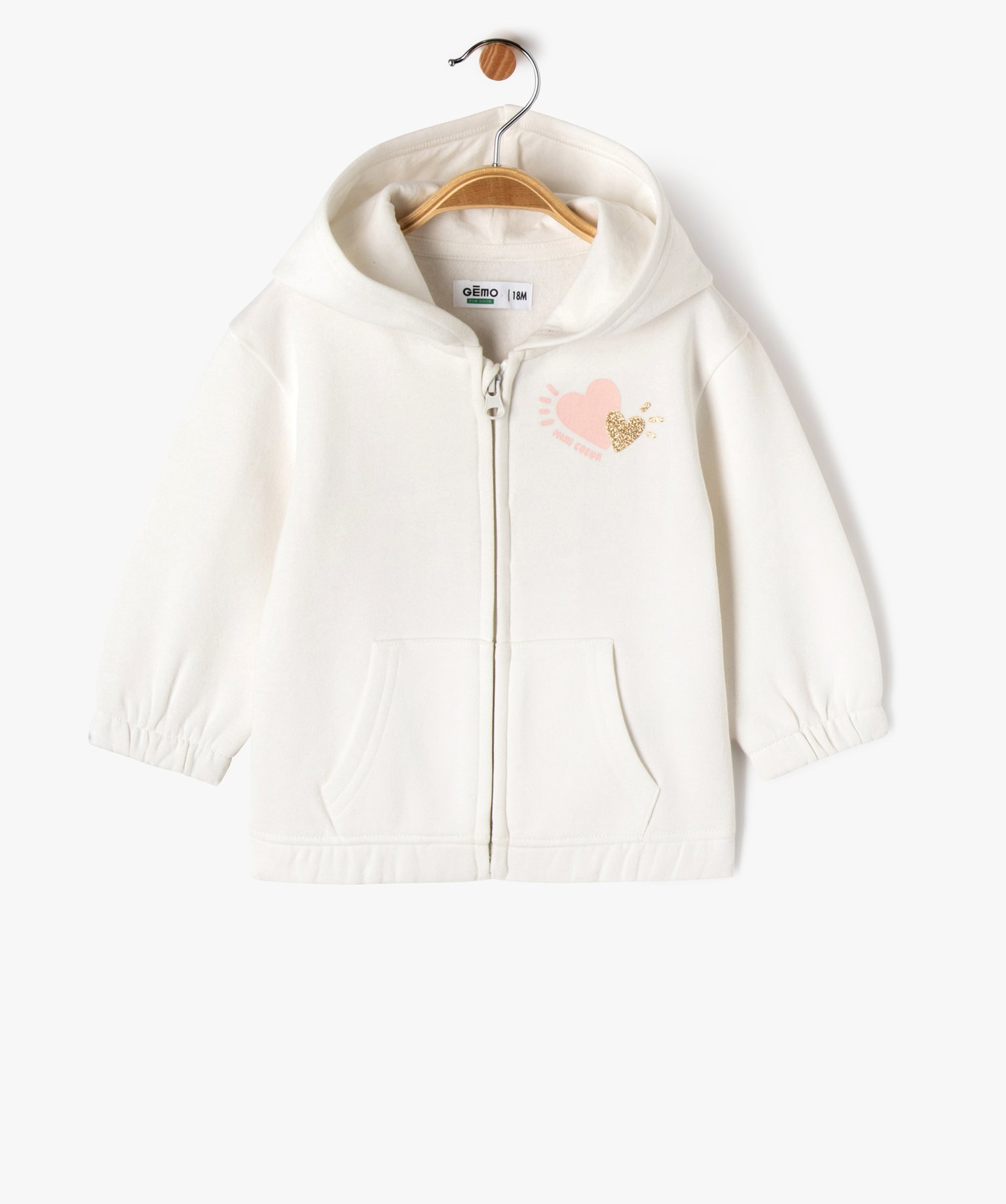 Sweat zippé à capuche intérieur molletonné bébé fille - 12M - ecru - GEMO