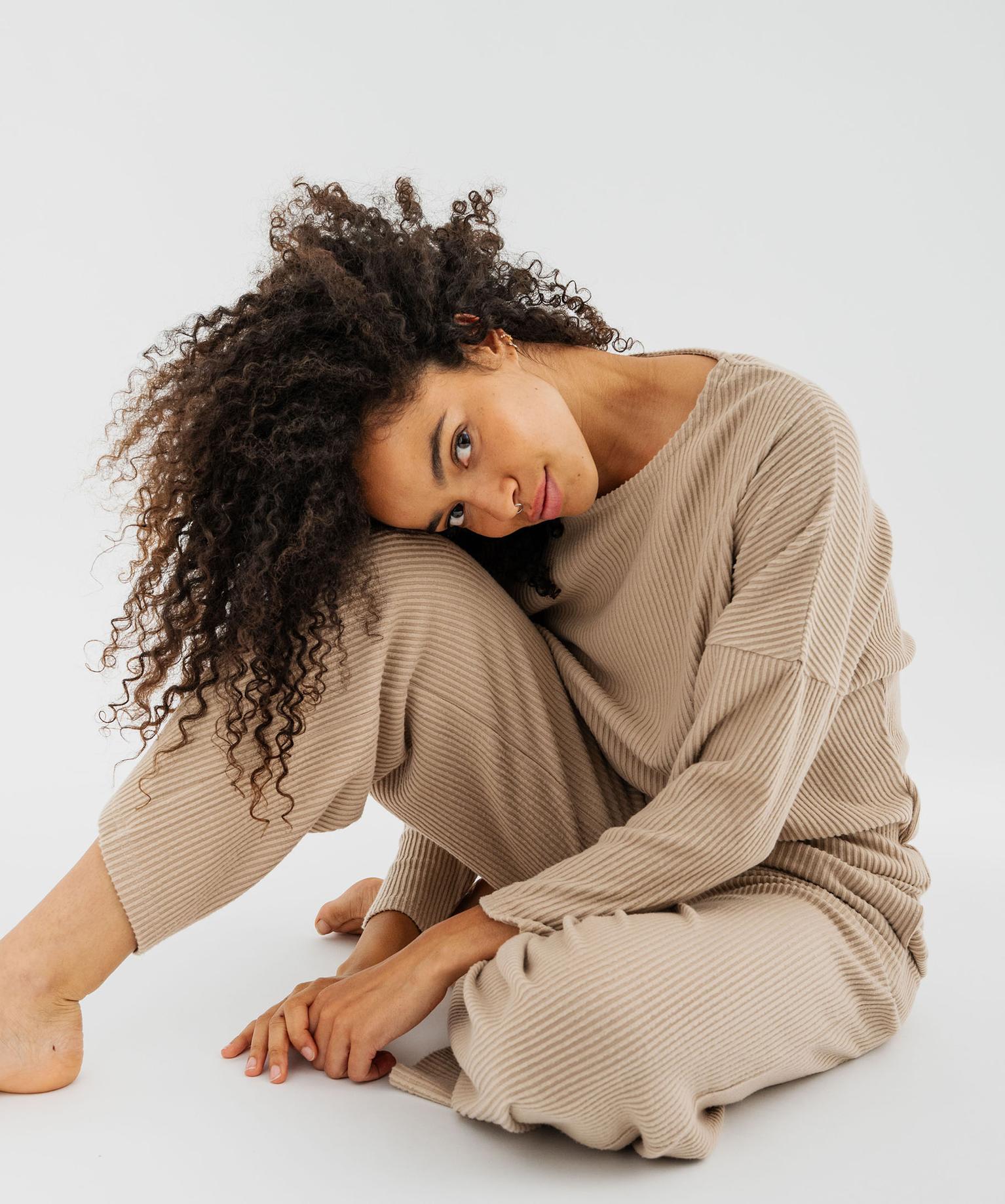 Pantalon de pyjama en maille côtelée extensible à taille élastiquée femme - 46-48/XL - beige fonce - GEMO