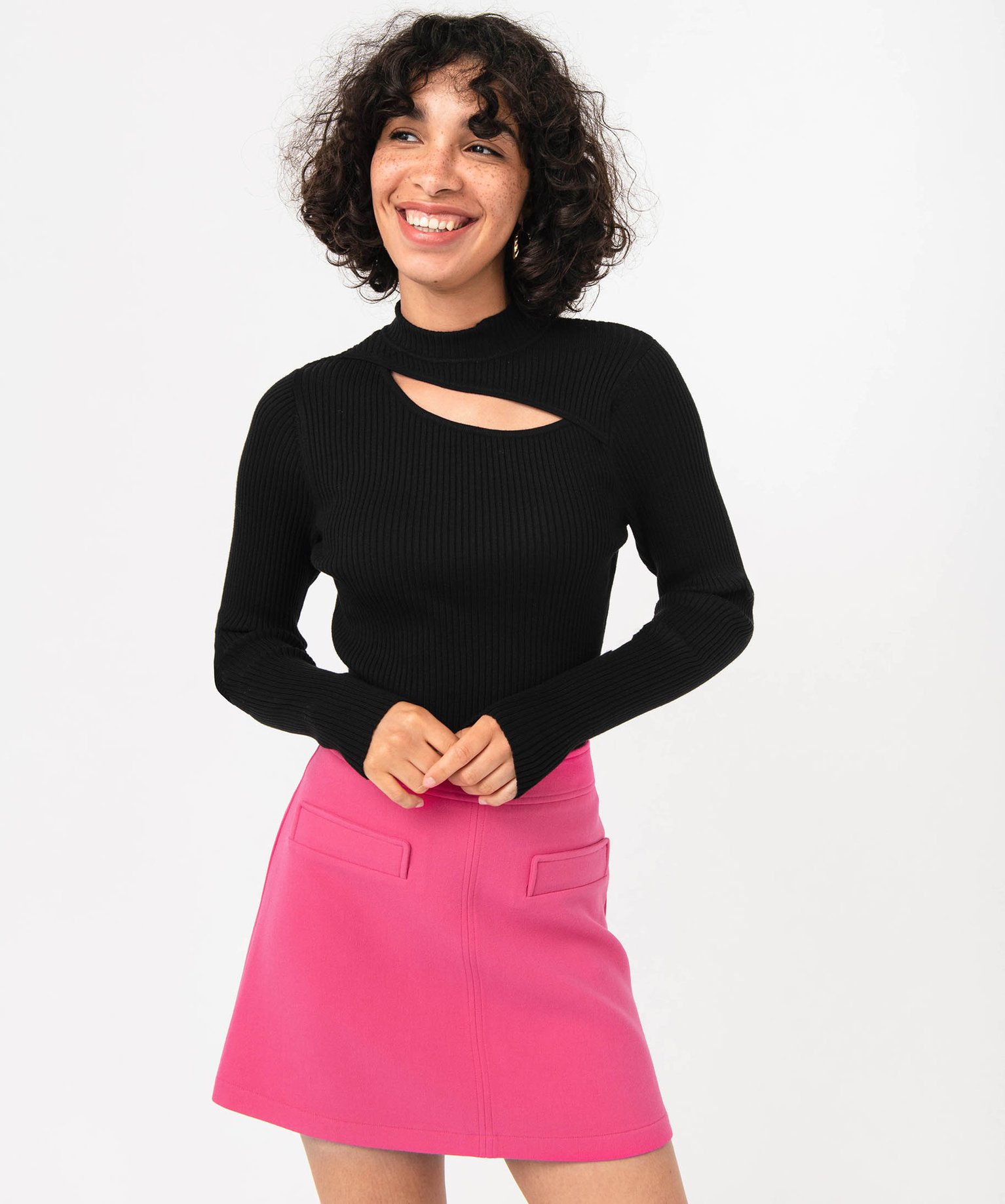 Pull côtelé à col montant avec ouverture buste femme - XXS - noir - GEMO