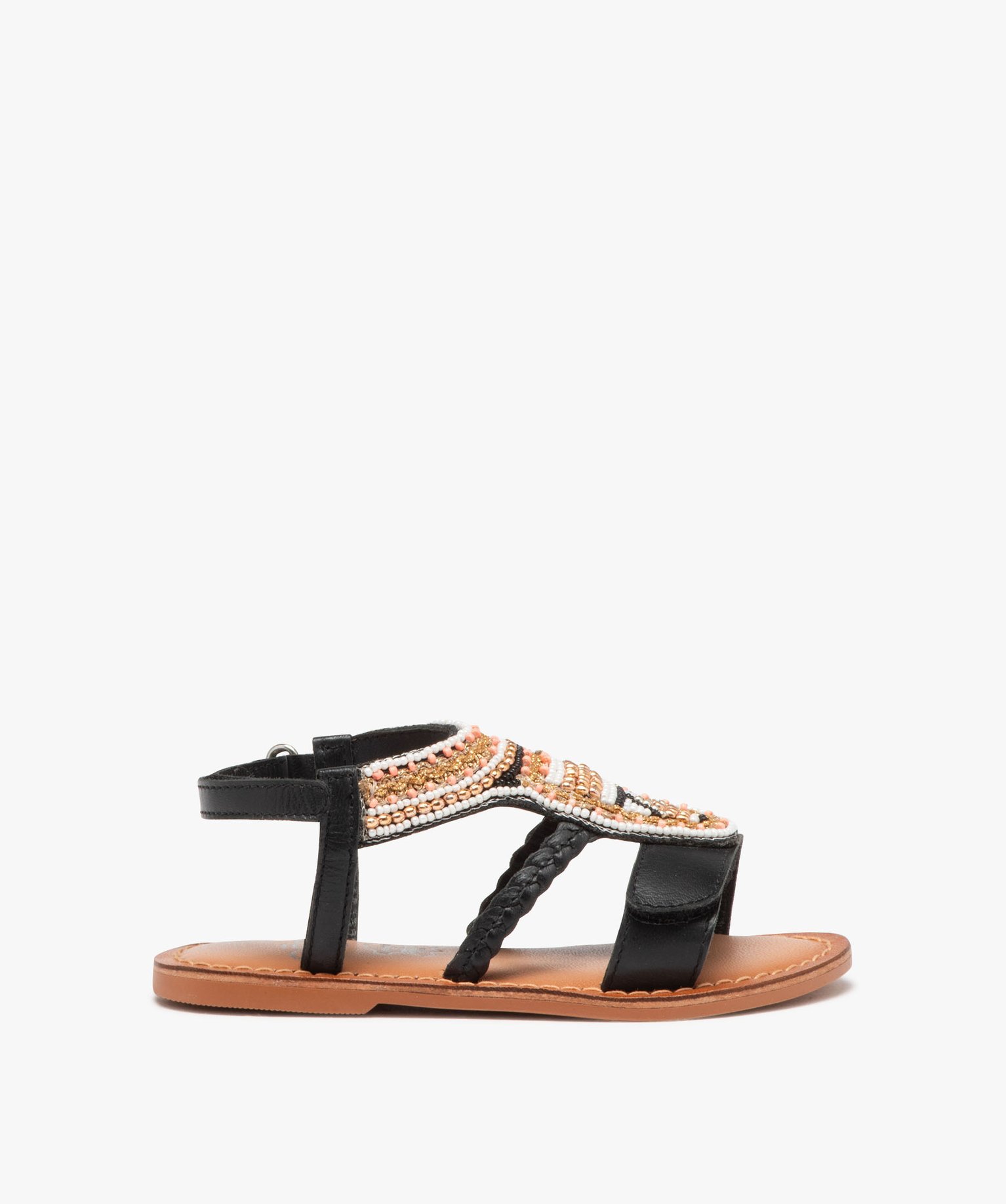 Sandales fille en cuir dessus en perles et à scratch - 25 - noir - GEMO