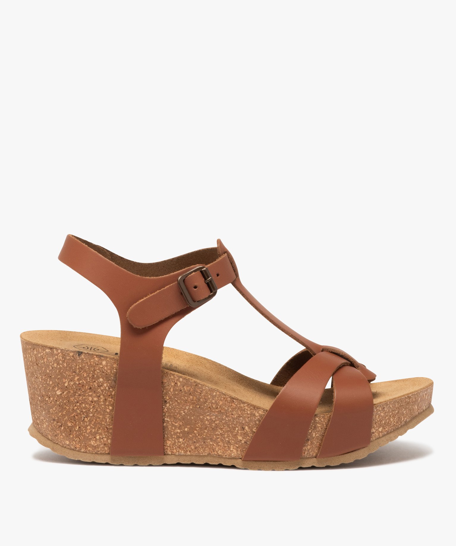 Sandales femme à talon compensé avec brides unies enrobantes en cuir - 41 - camel - GEMO