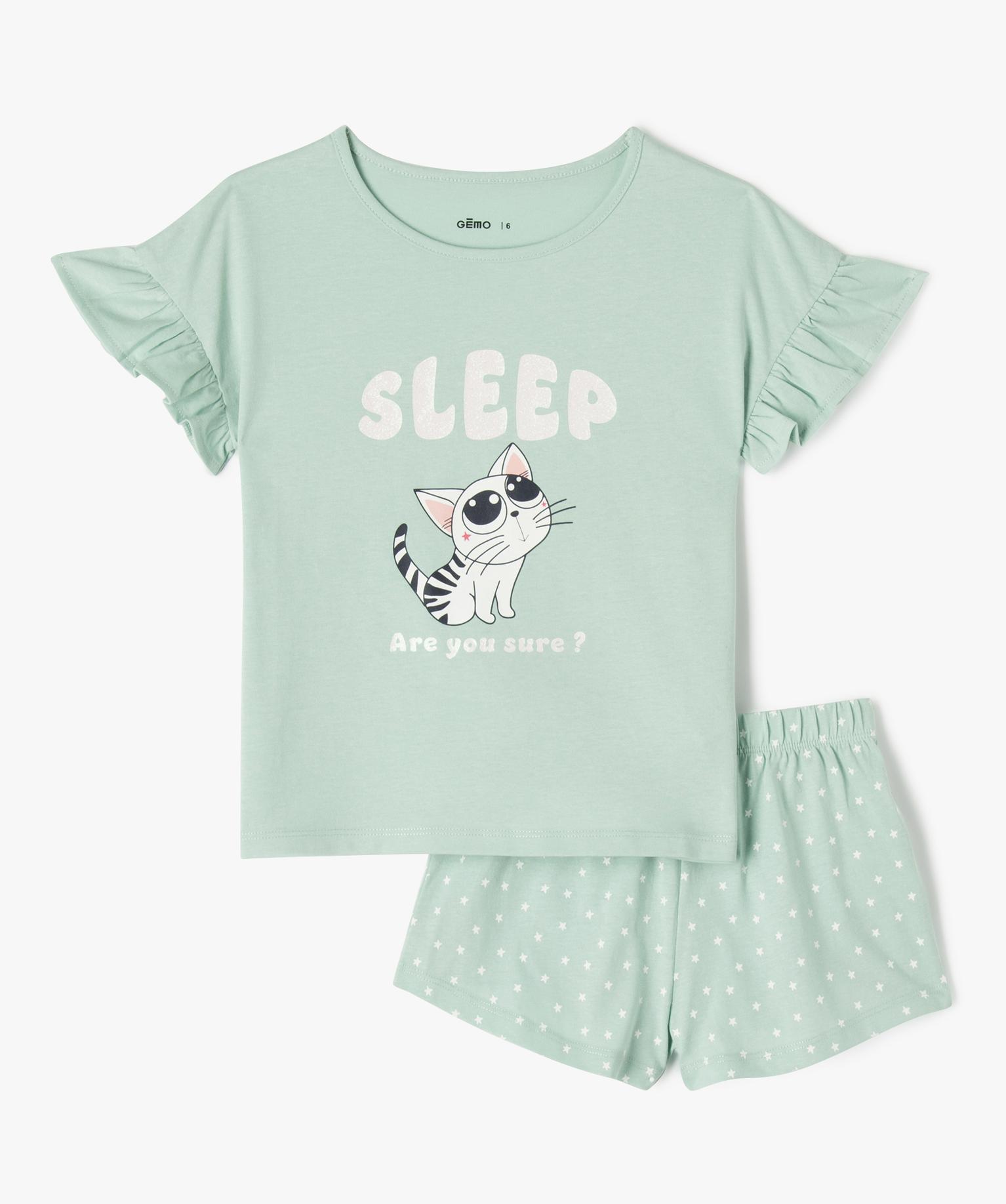 Pyjashort avec motif chat et paillettes fille vert GEMO - Main Image