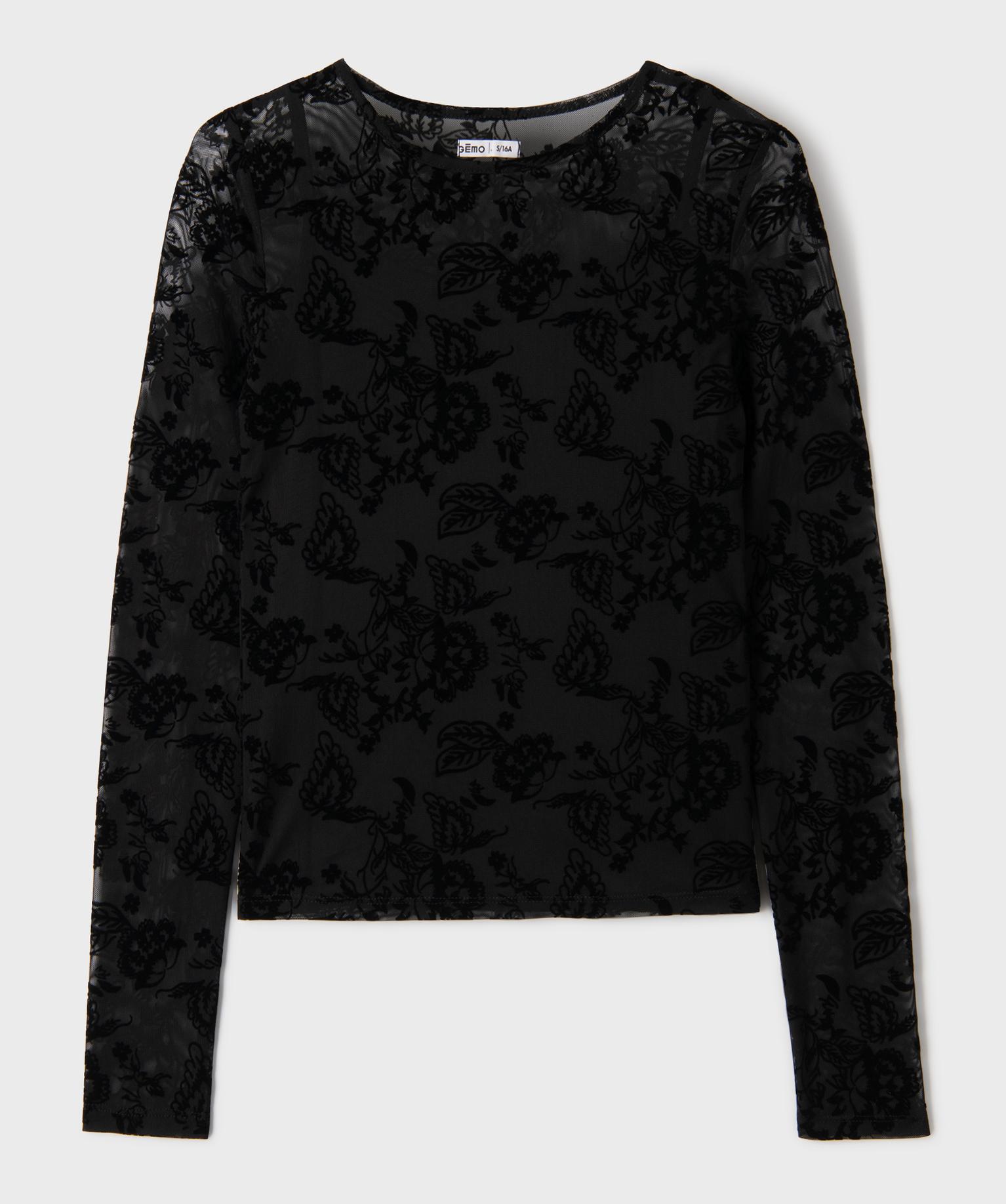 Tee-shirt manches longues en tulle à motif velours fille - 12A/XXS - noir - GEMO
