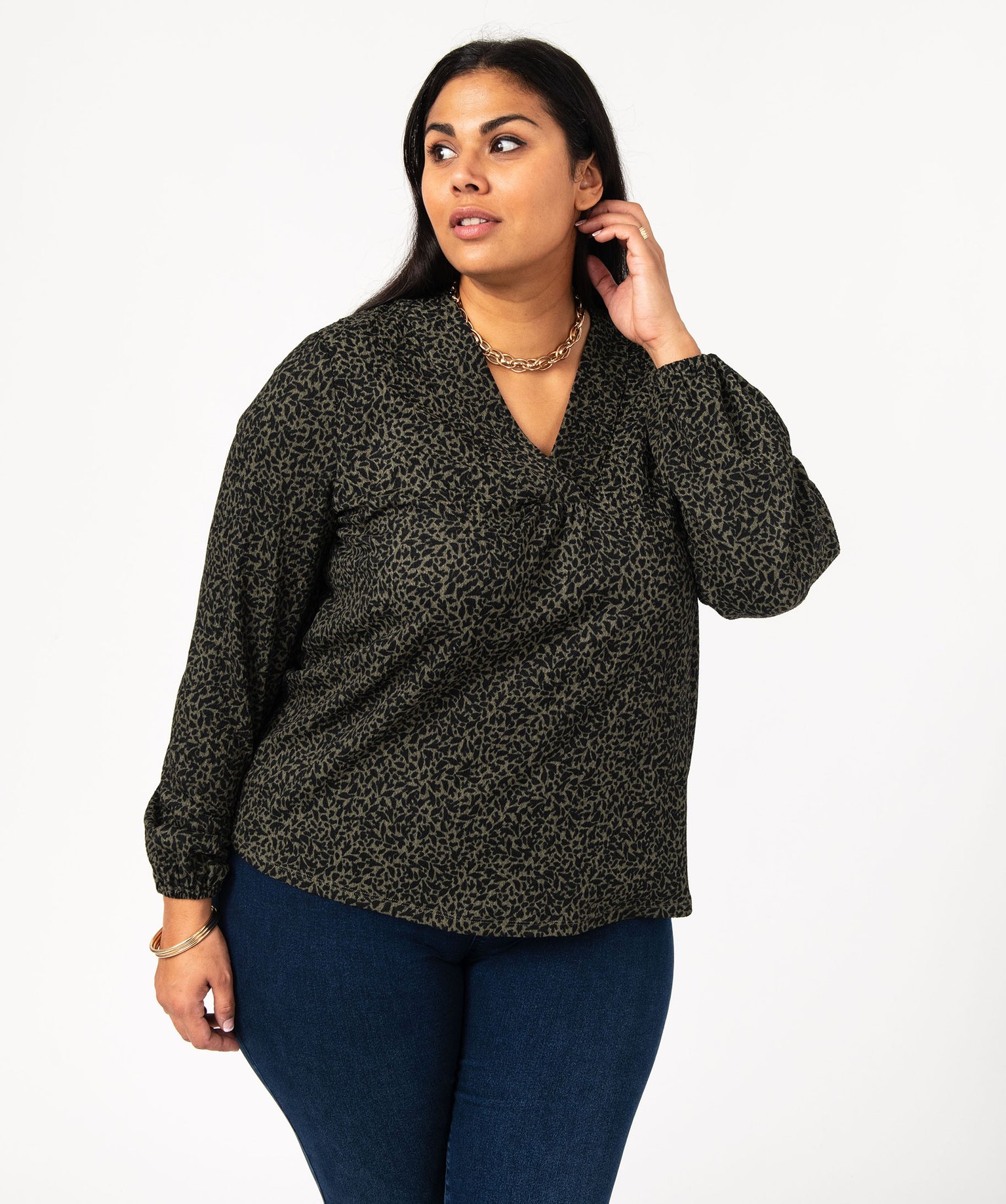 Tee-shirt imprimé à manches longues à col V femme grande taille - 50/52 - kaki - GEMO