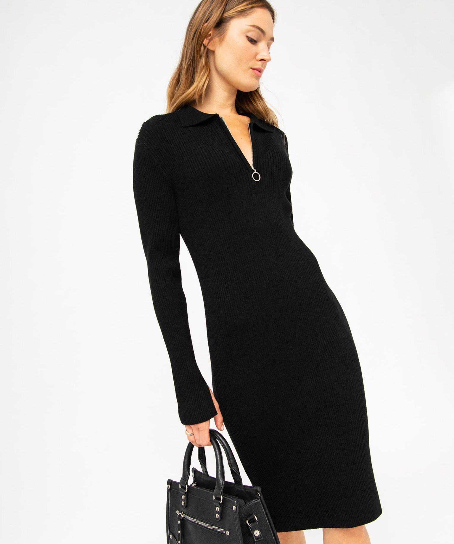 Robe pull en maille côtelée avec col polo zippé femme - XXS - noir - GEMO
