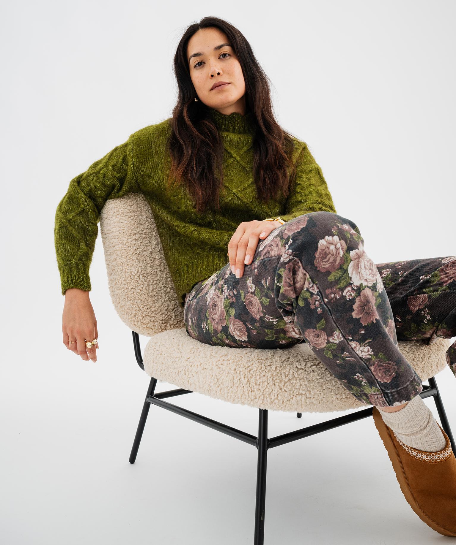 Pull en maille chinée torsadée à col cheminée femme - 36/S - kaki standard - GEMO