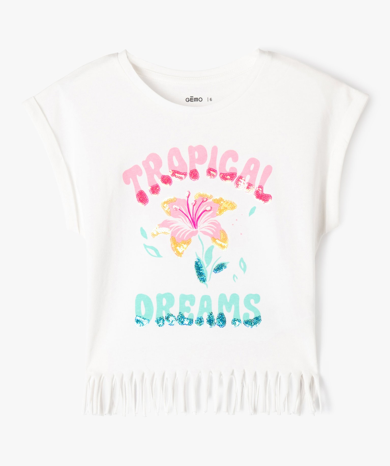Tee-shirt à manches courtes avec motif sequins et franges fille - 6 - blanc - GEMO