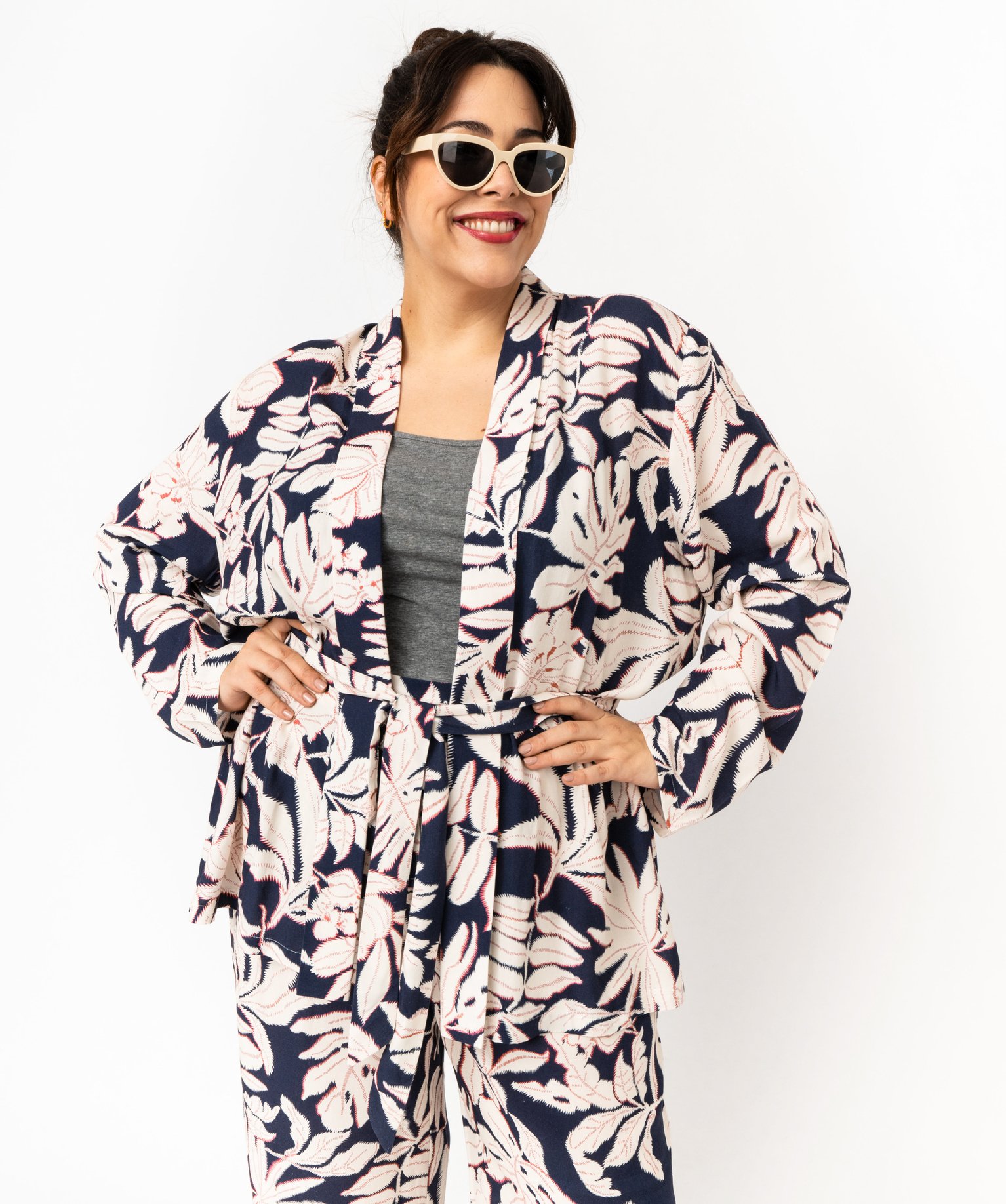 Veste kimono ample en viscose fleurie femme grande taille - 54 - blanc - GEMO
