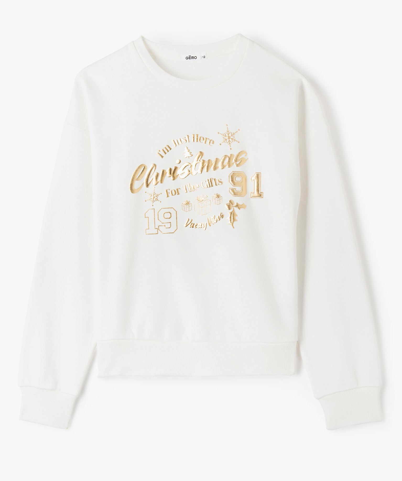 Sweat fille à motifs dorés spécial Noël - 16 - ecru - GEMO