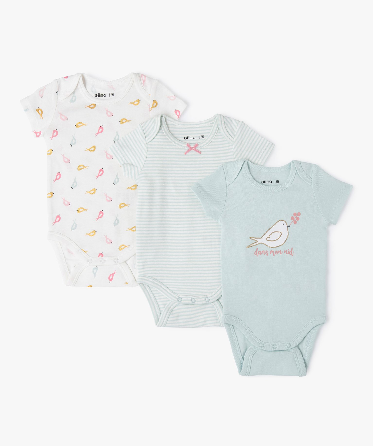Bodies bébé manches courtes à motif oiseaux (lot de 3) - GEMO