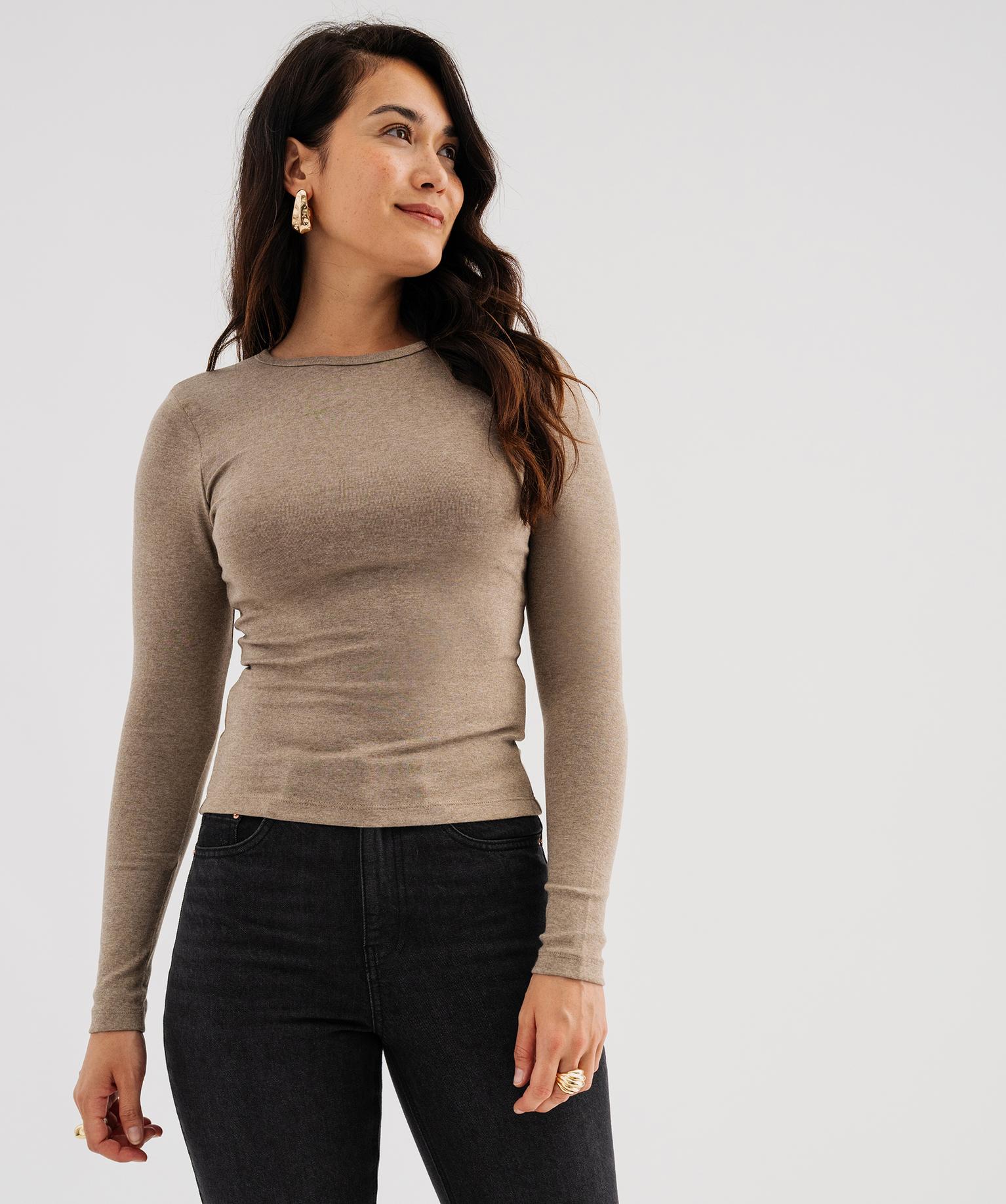 Tee-shirt manches longues et col rond uni femme - 46-48/XL - marron chine - GEMO