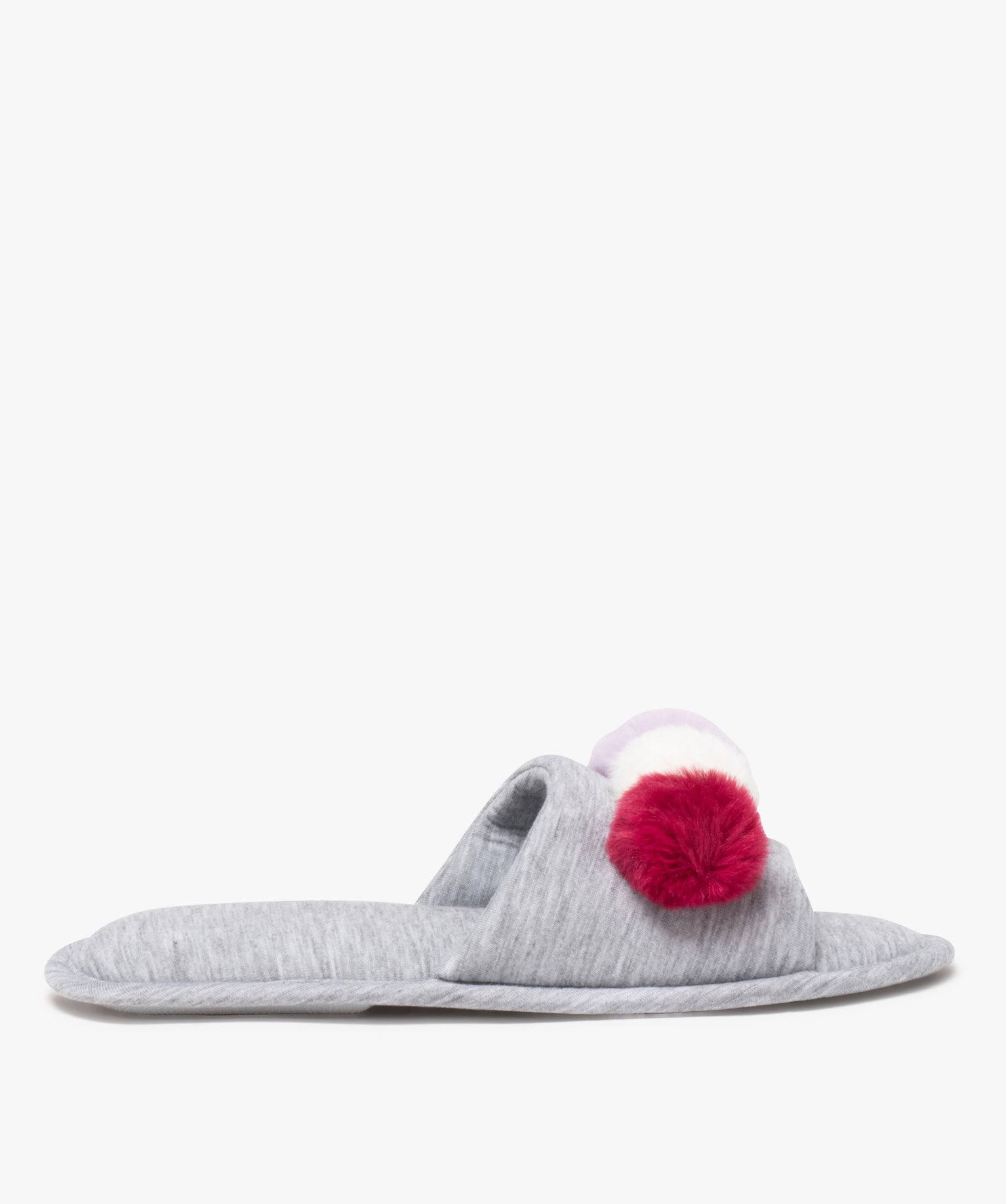 Chaussons femme mules en jersey uni avec pompons fantaisie - 39 - gris - GEMO