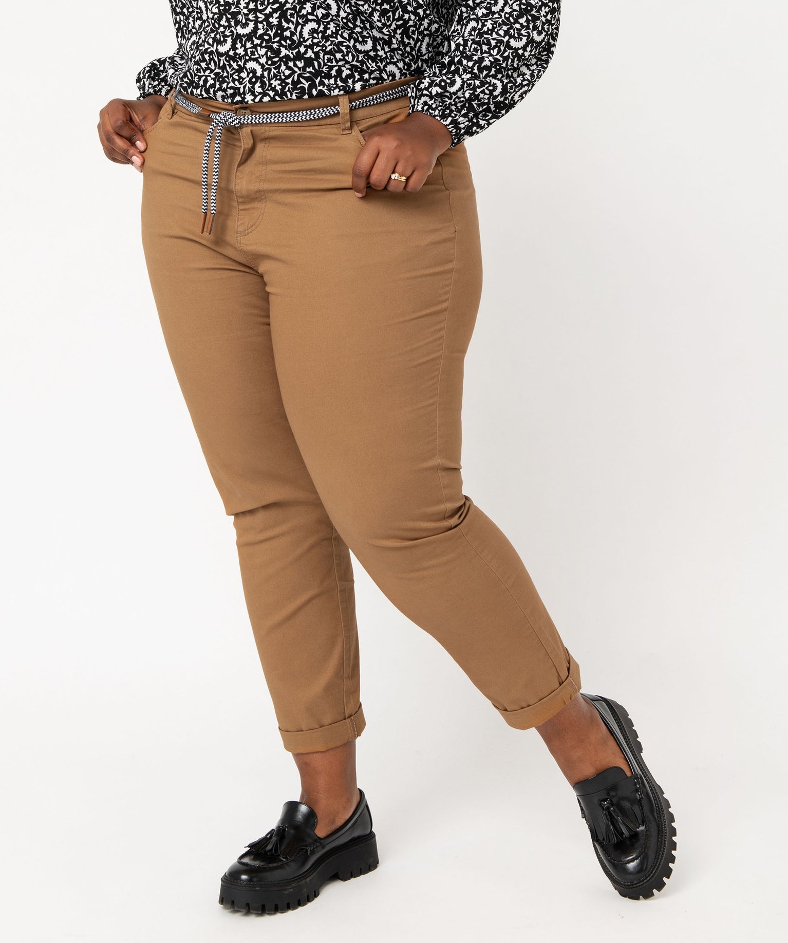 Pantalon en toile avec ceinture en corde femme grande taille - 52 - marron - GEMO