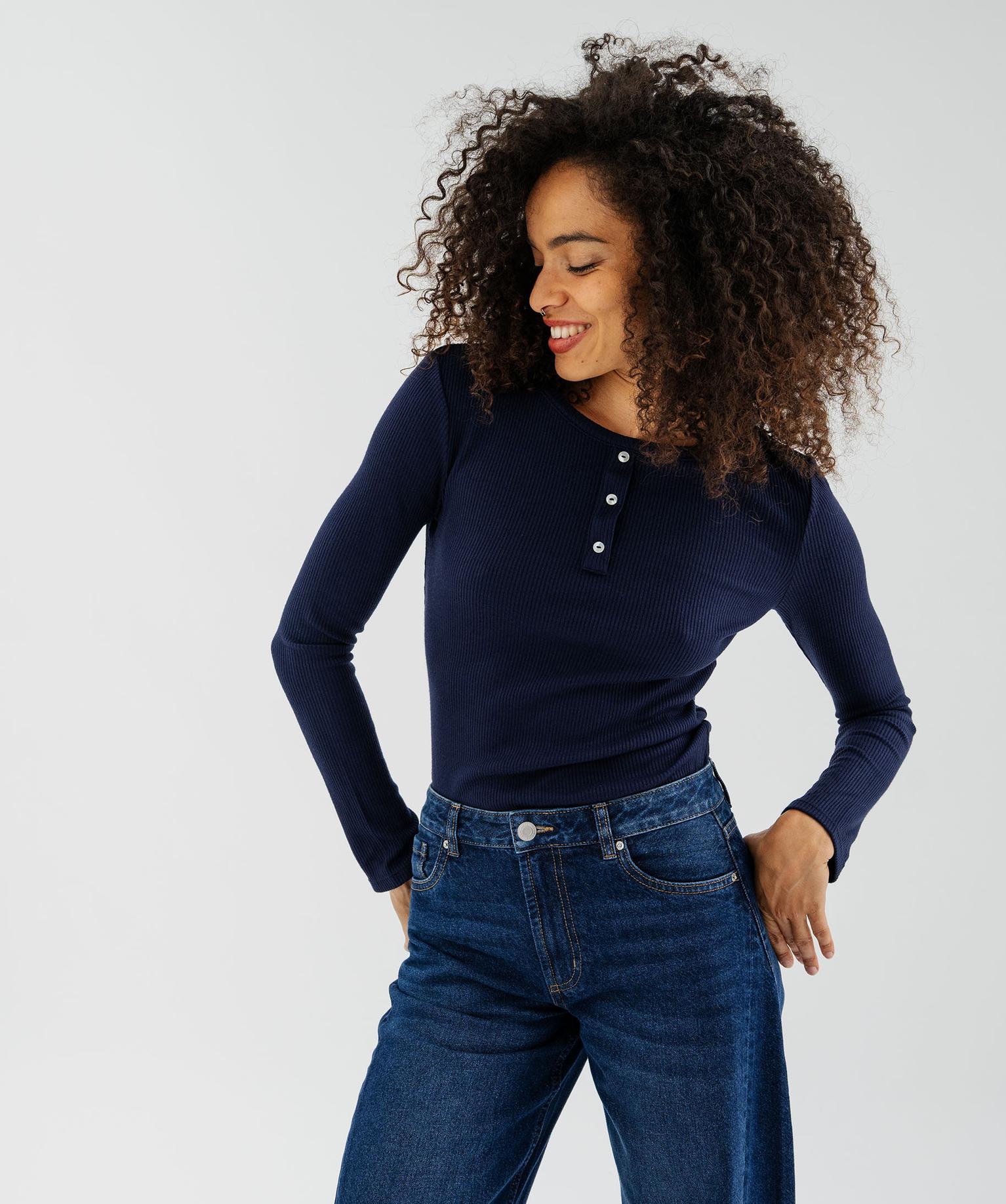 T-shirt col tunisien uni femme - 46-48/XL - bleu fonce - GEMO