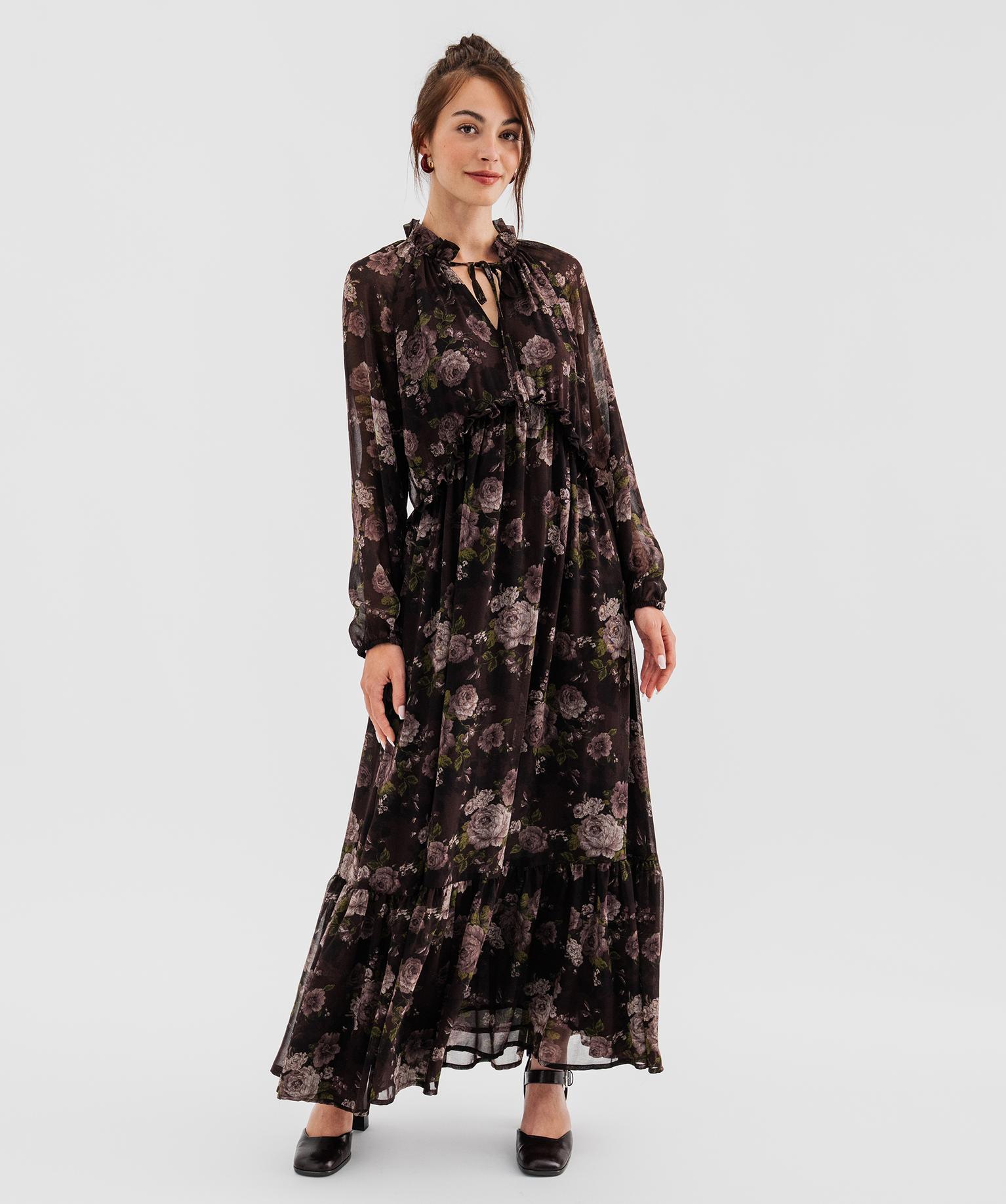 Robe manches longues en voile fleuri look bohème femme - 38-40/M - marron fonce - GEMO