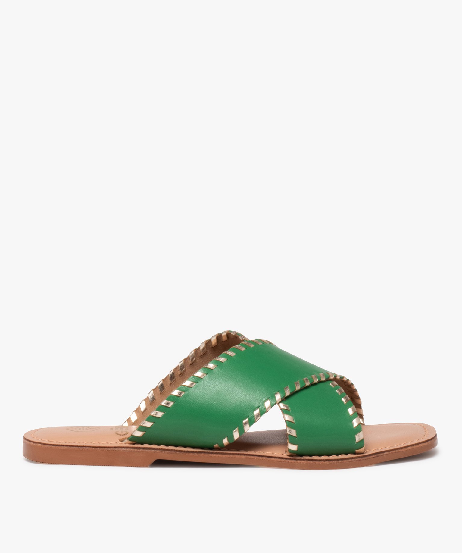 Mules femme plates en cuir uni à larges brides contours métallisés - 36 - vert - GEMO