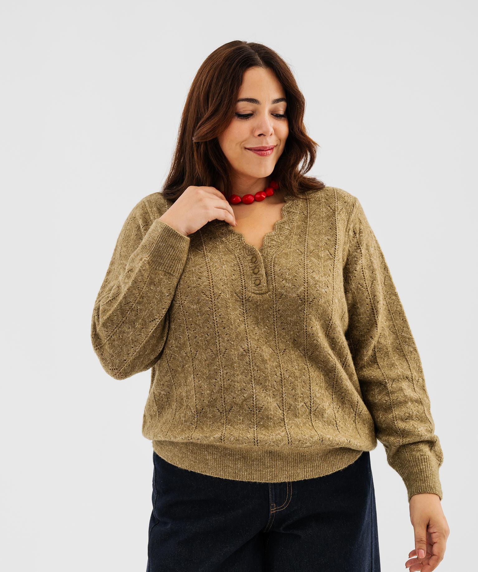 Pull col tunisien femme grande taille - 54-56/3XL - kaki standard - GEMO