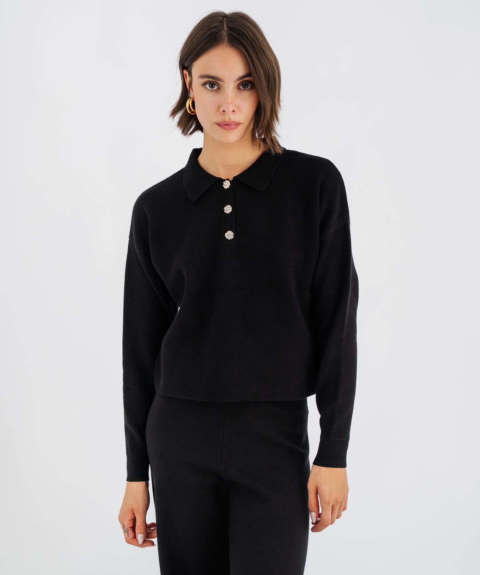 Pull col polo boutonné femme - 38-40/M - noir standard - GEMO