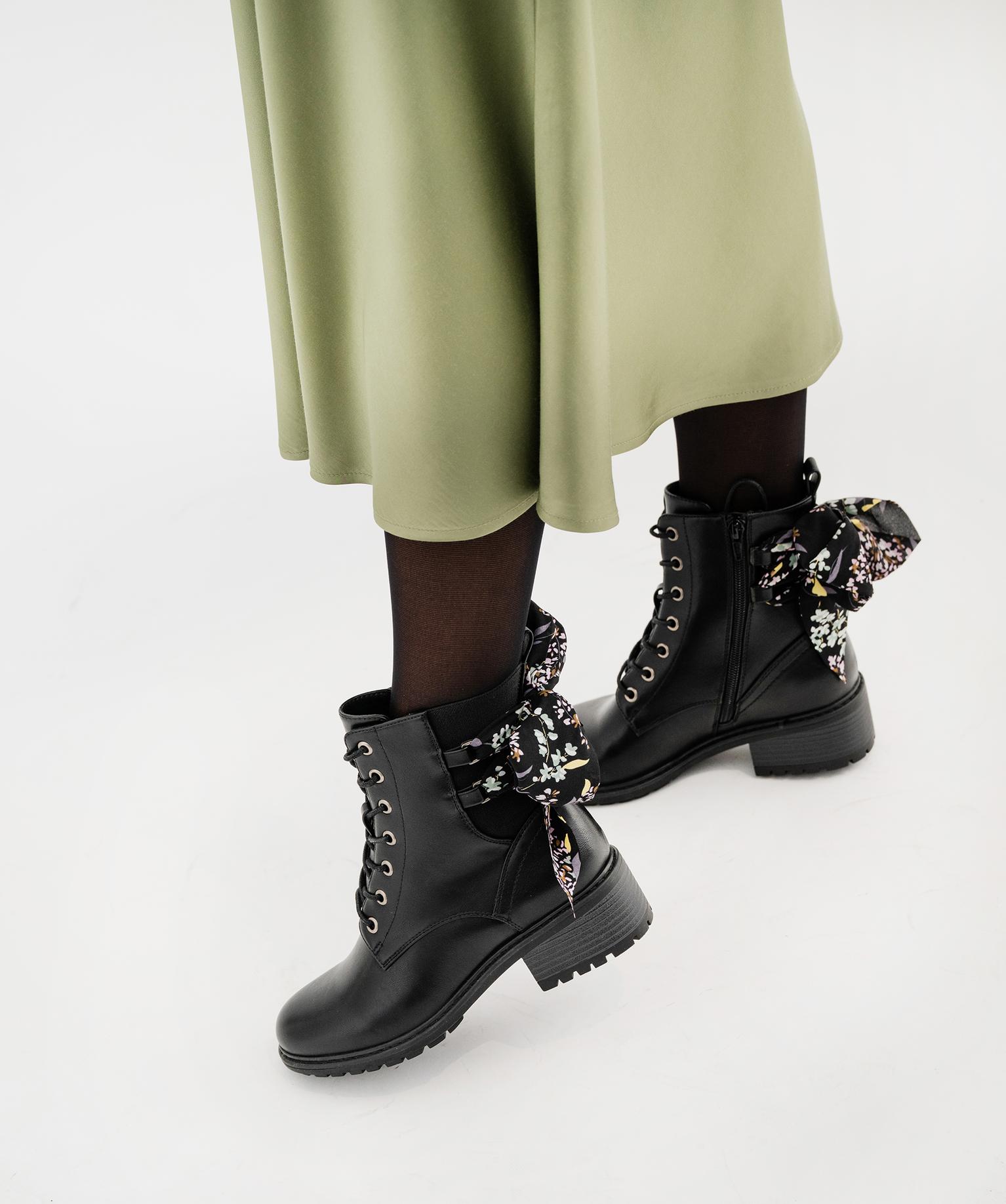 Boots à lacets et zip avec foulard sur la tige femme - Emilia Rosa - 39 - noir standard - EMILIA ROSA