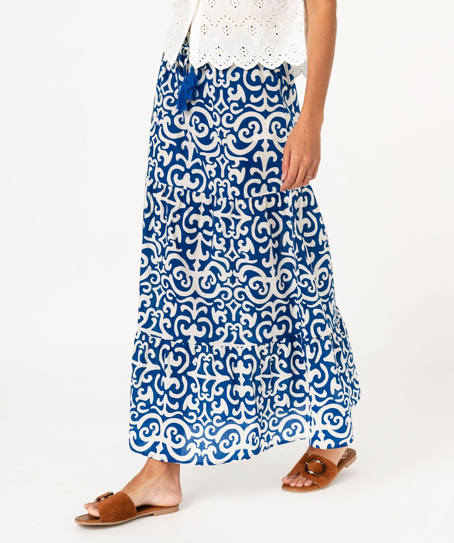 Jupe longue imprimée avec taille élastique femme - 36 - bleu - GEMO
