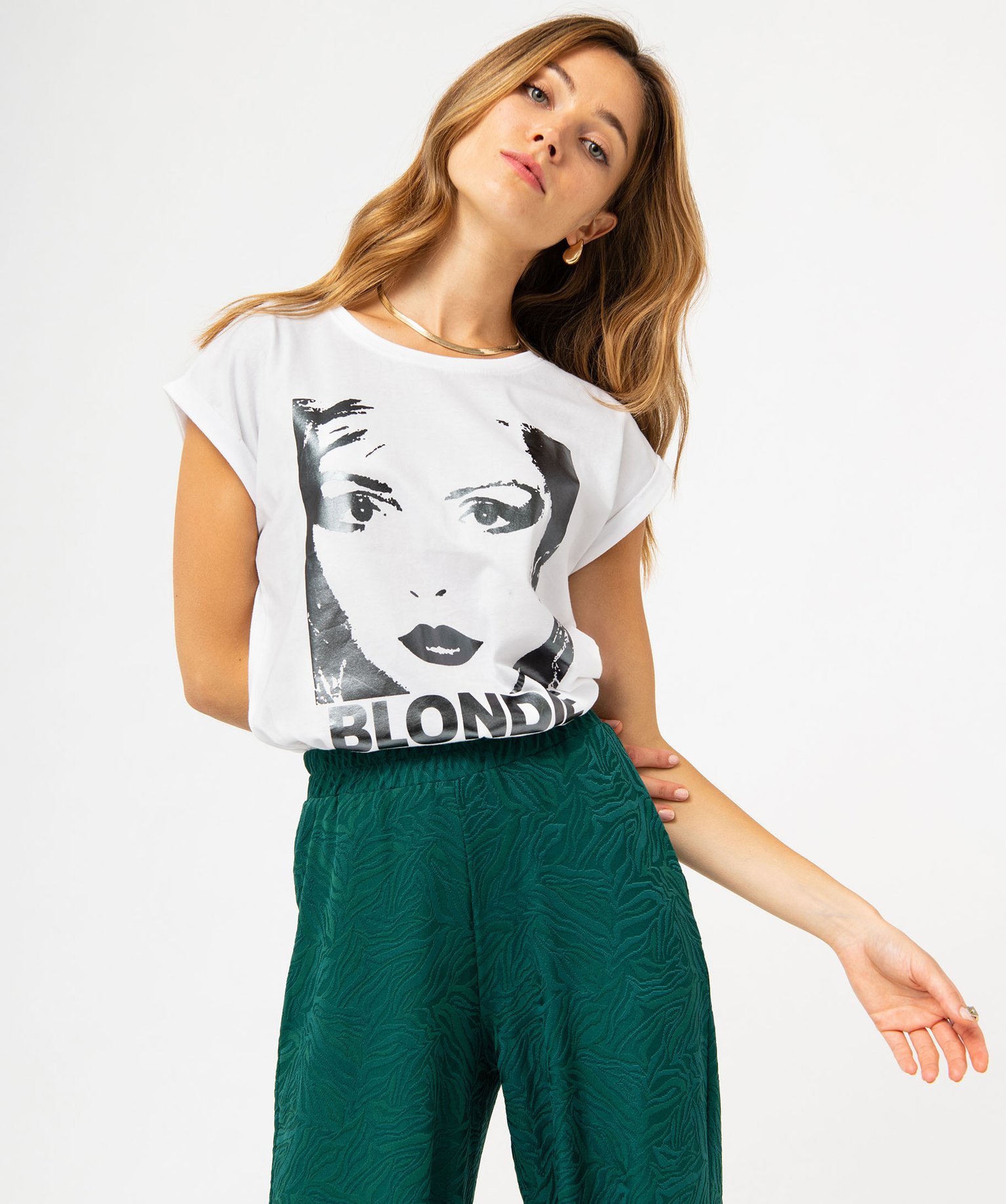 Tee-shirt à manches courtes avec motif scintillant femme - Blondie - XS - blanc - BLONDIE