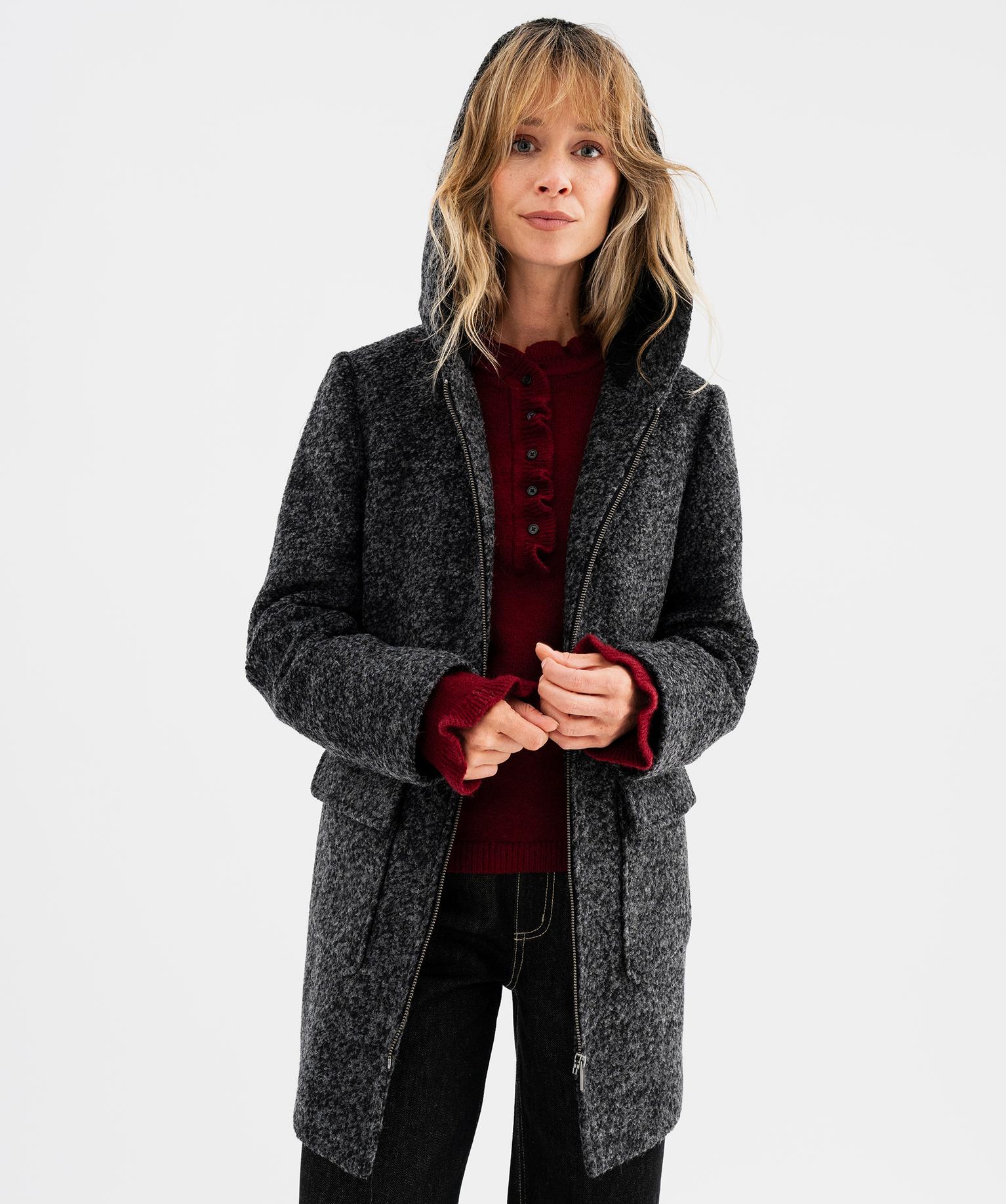 Manteau droit zippé en laine à capuche fourrée femme - GEMO Manteau droit zippé en laine à capuche fourrée femme - GEMO