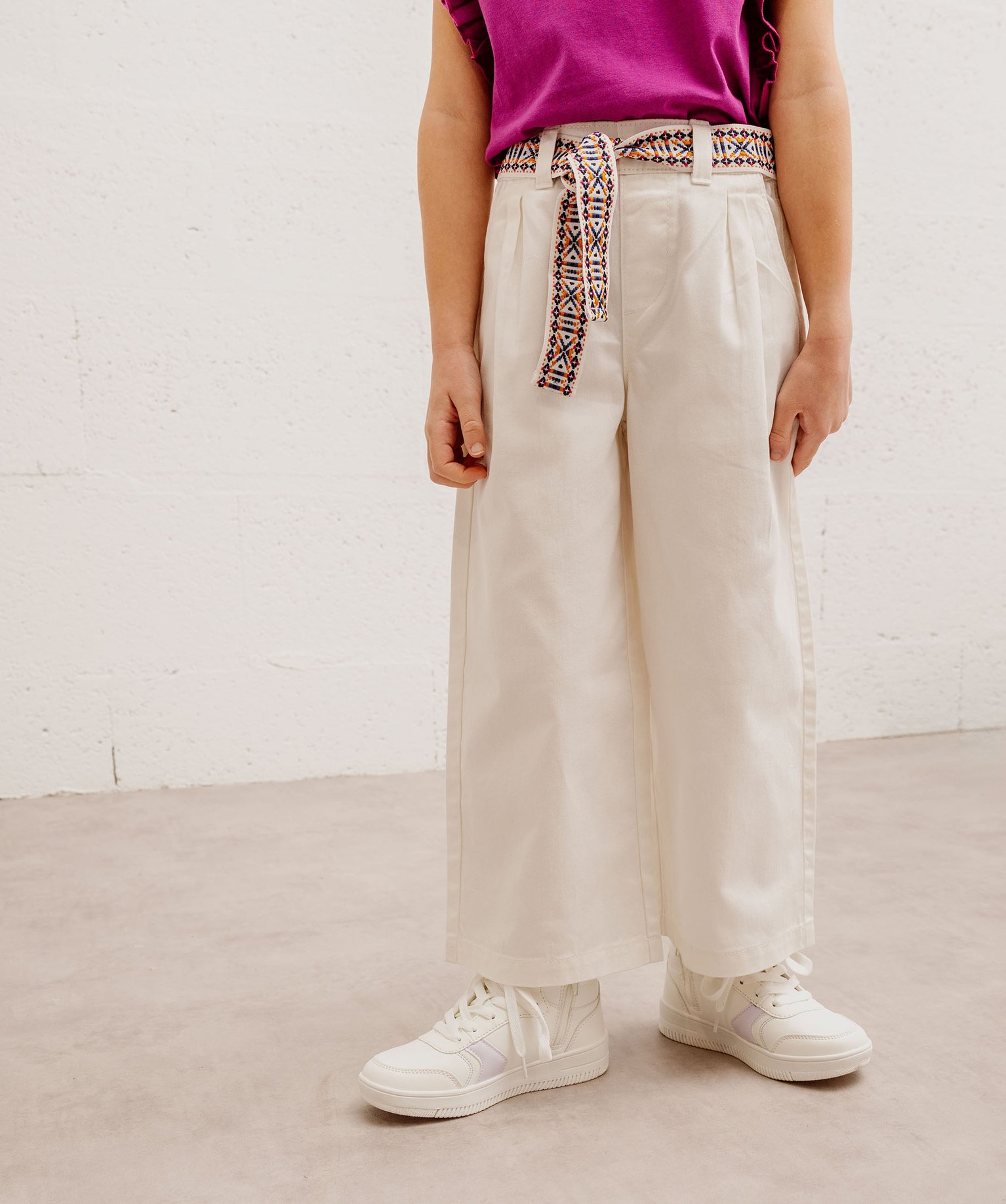 Pantalon large en coton avec ceinture brodée fille - GEMO