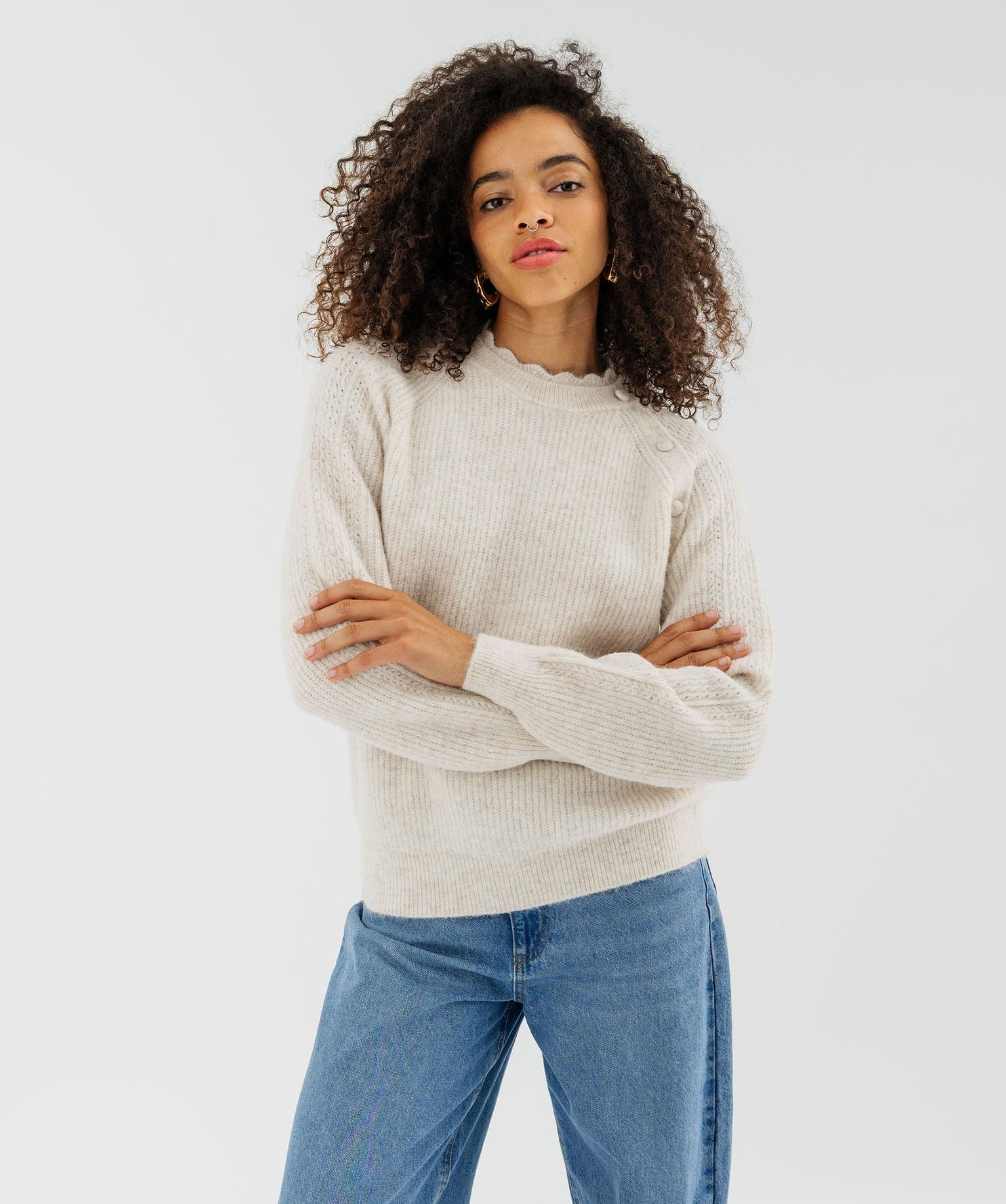 Pull col rond festonné femme - 42-44/L - beige chine - GEMO