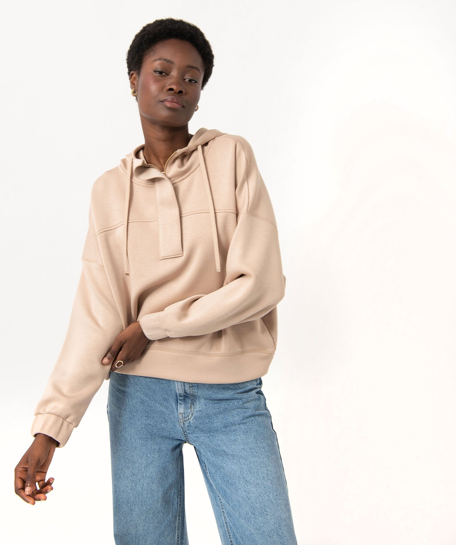 Sweat à capuche oversize avec col zippé femme - XL - beige - GEMO