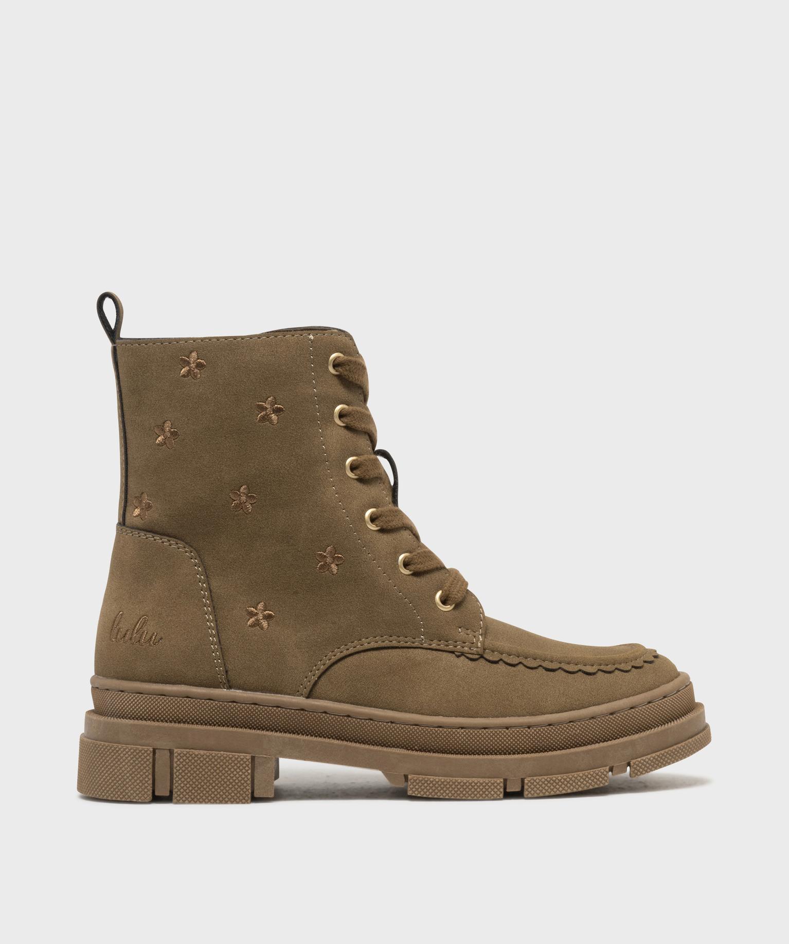 Boots zippées et lacées à fleurs brodées et semelle crantée fille - LuluCastagnette - 29 - marron clair - LULUCASTAGNETTE