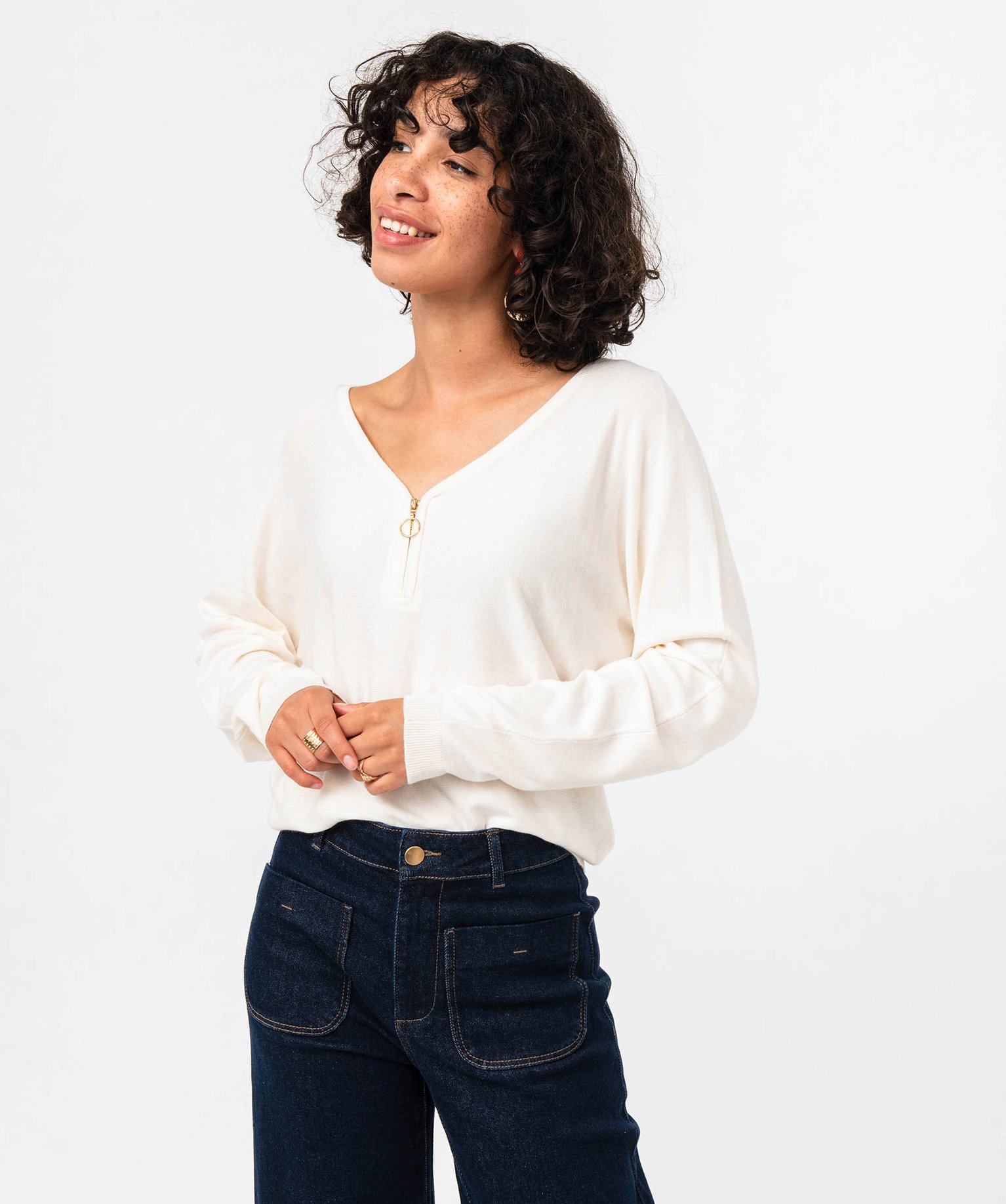 Pull col V zippé et manches chauve-souris femme - L - ecru - GEMO