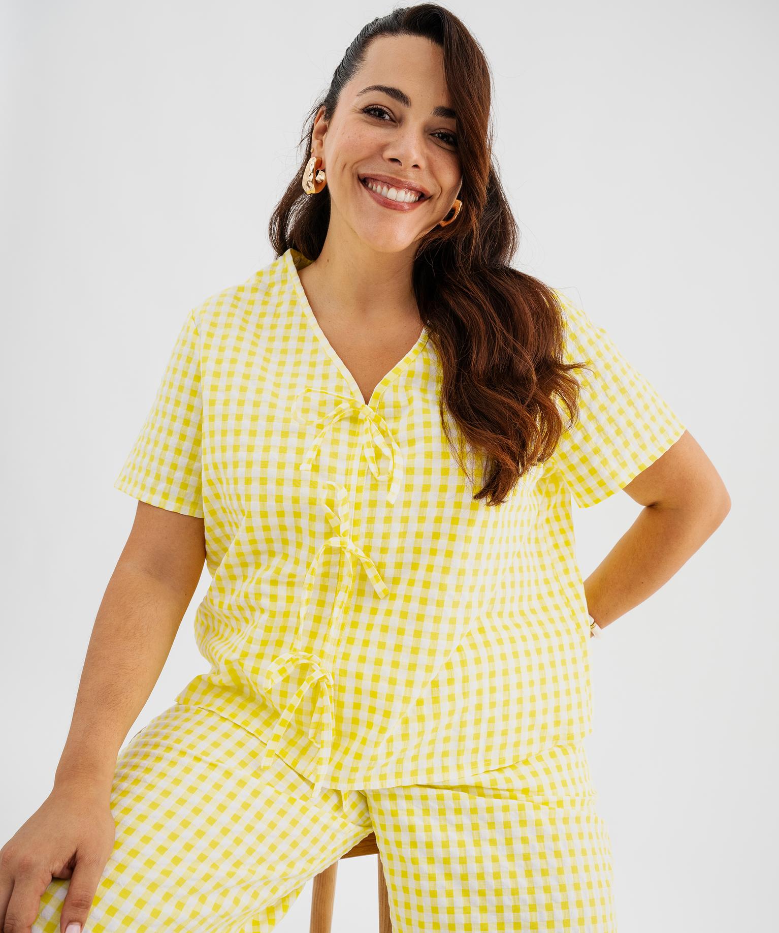 Blouse manches courtes en coton gaufré à carreaux vichy et col V femme grande taille - 50-52/XXL - jaune - GEMO