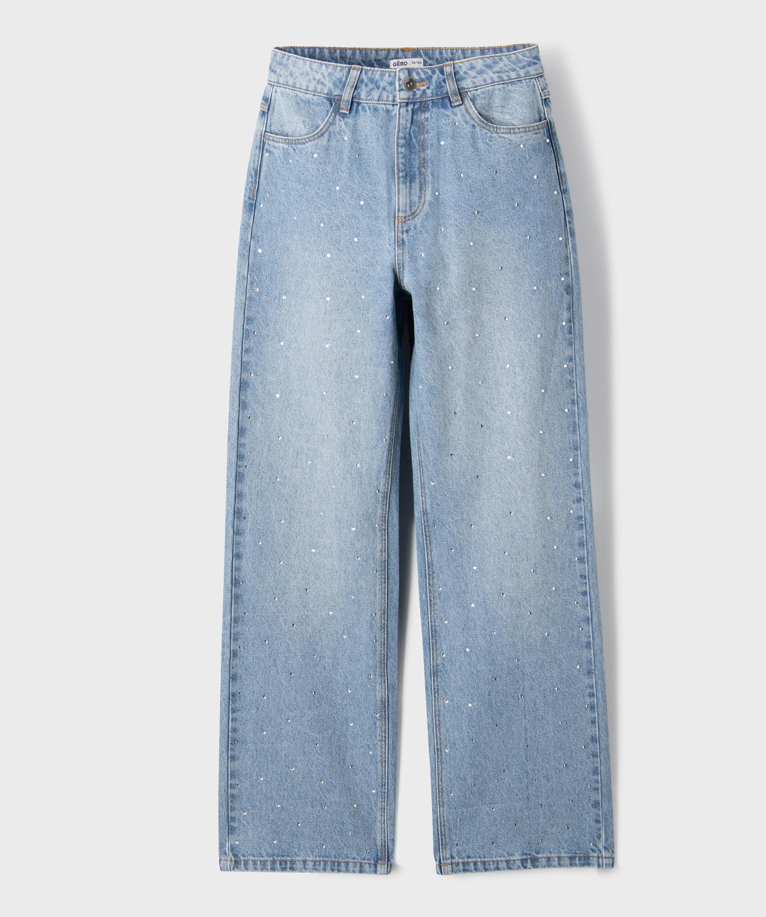 Jean straight en denim délavé à strass fille - 12A/XXS - bleu standard - GEMO