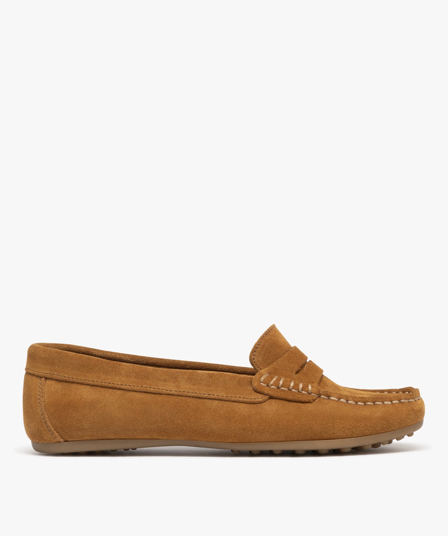 Mocassins femme en cuir suédé uni et à bout carré avec surpiqûres contrastantes - 39 - camel - GEMO