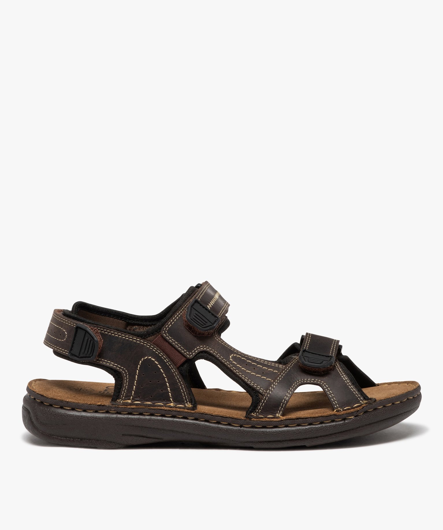 Sandales homme avec brides en cuir unies et à scratch - 45 - marron - GEMO