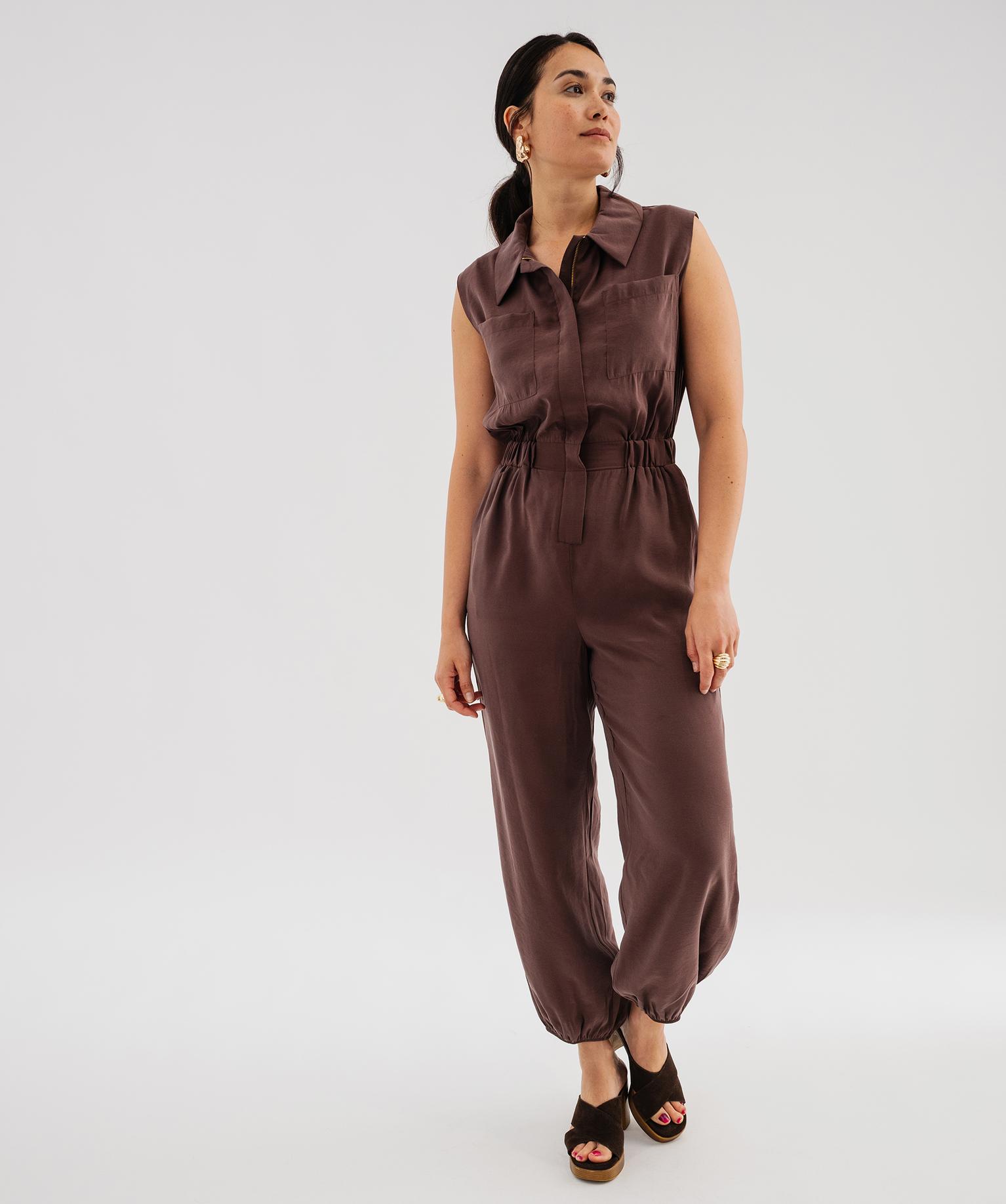 Combinaison pantalon unie avec fermeture zippée femme - 46-48/XL - marron standard - GEMO