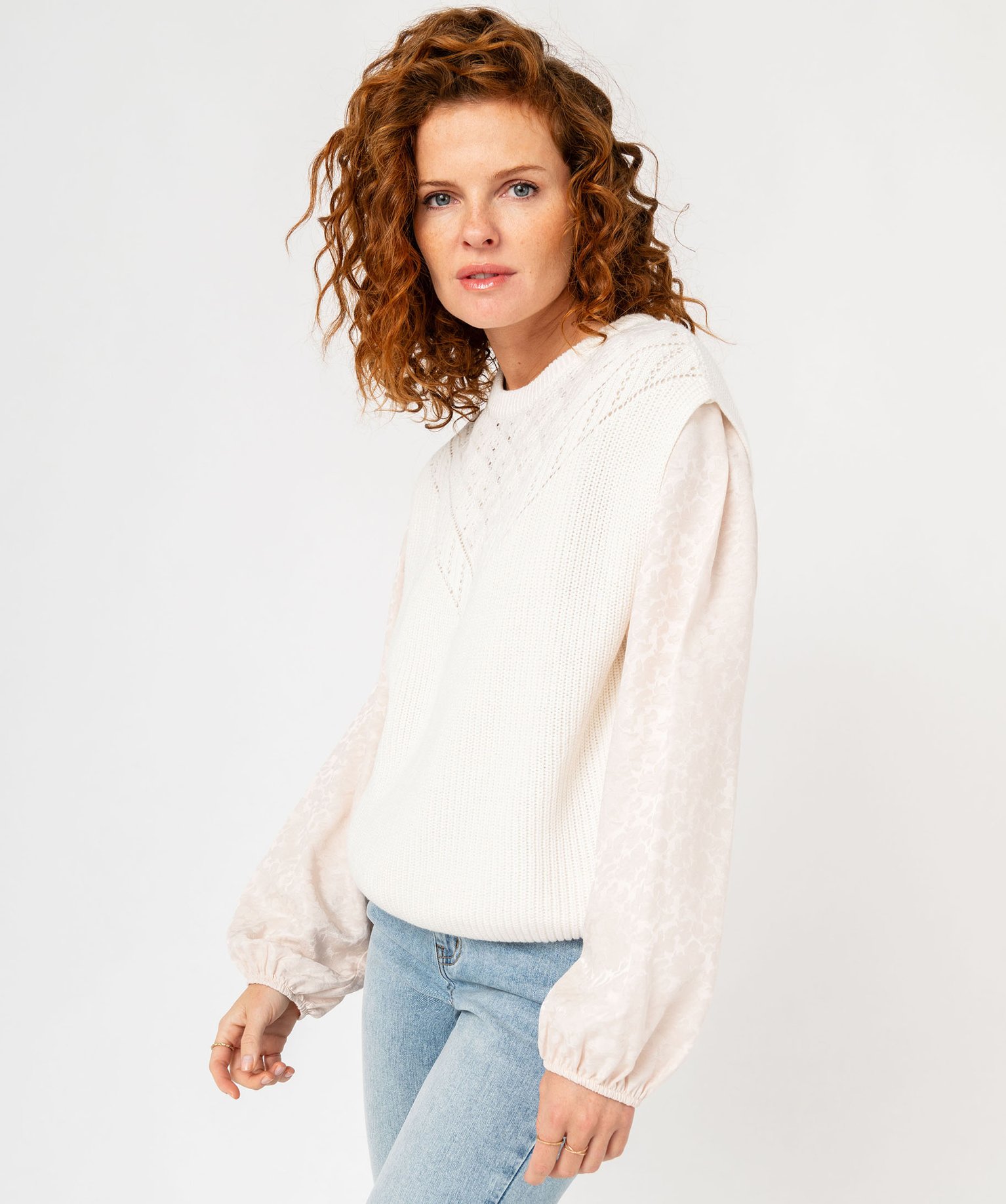Pull sans manches avec buste en maille ajourée femme - S - ecru - GEMO