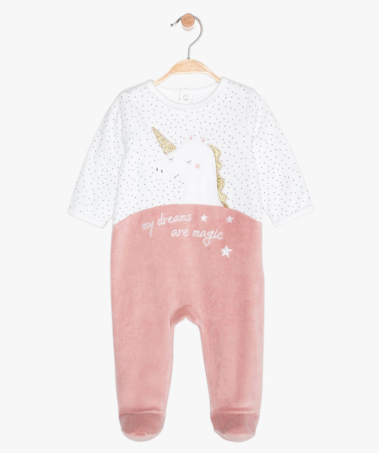 Pyjama bébé en velours motif licorne à pont-dos pressionné