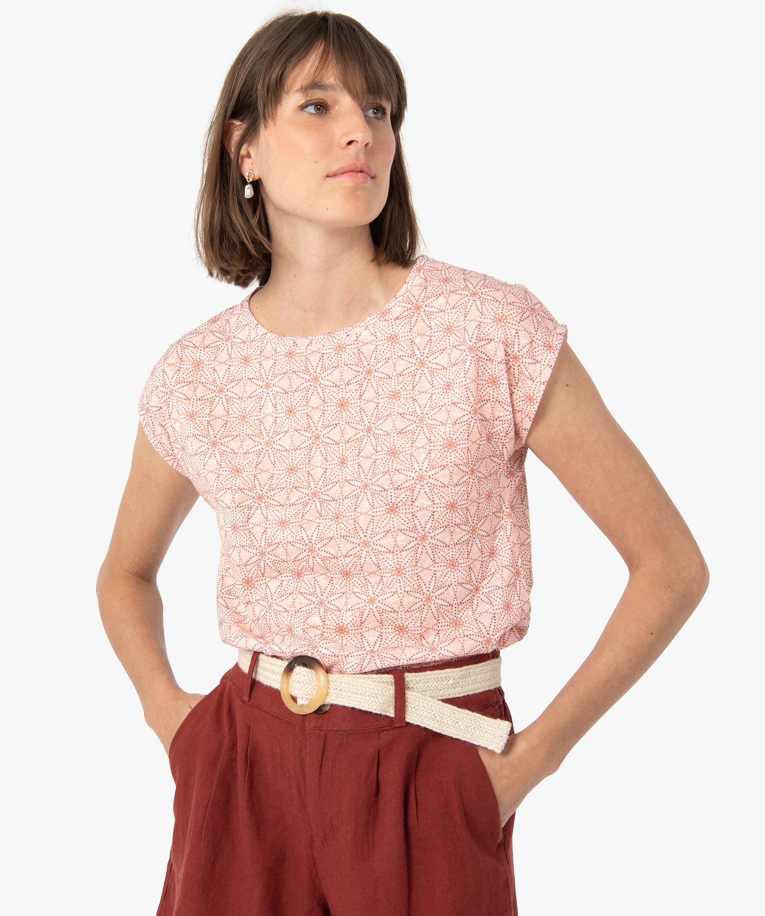 Tee-shirt femme à manches courtes imprimé en maille fine - XL - imprime - GEMO