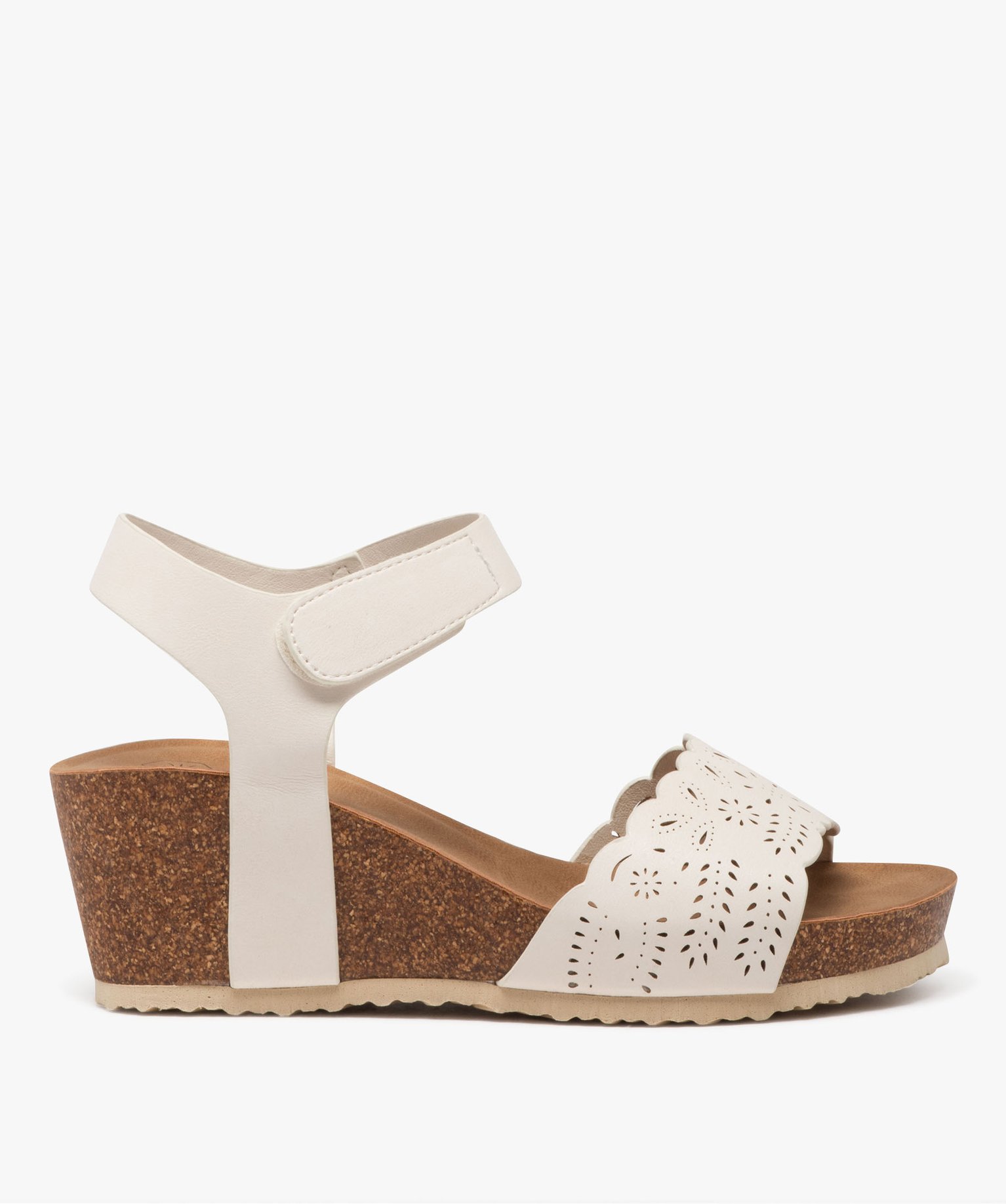 Sandales femme à talon compensé unies avec bride à motifs ajourés et à scratch - 40 - blanc - GEMO