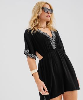 Robe de plage courte en viscose à encolure V et découpes côtés femme vue1 - GEMO 4G FEMME - GEMO
