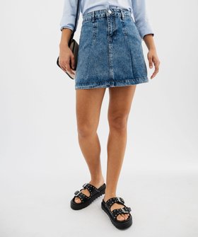 Jupe en jean délavé trapèze à pinces femme vue1 - GEMO(FEMME PAP) - GEMO