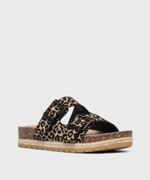 Mules double bride en textile à motif léopard avec semelle plateforme femme - 5 Miles vue2 - 5 MILES - GEMO