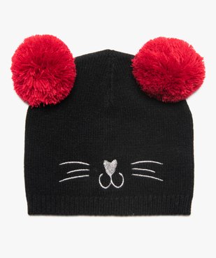 Bonnet fille avec broderie chat et pompons vue1 - GEMO (ENFANT) - GEMO