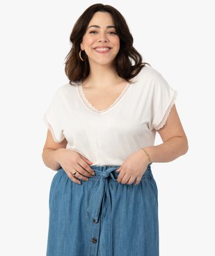 Tee-shirt femme grande taille à manches courtes et col V et dentelle  vue1 - GEMO 4G FEMME - GEMO