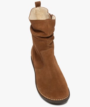 Boots fourrées femme à talon plat dessus cuir retourné uni vue5 - GEMO (CASUAL) - GEMO