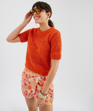 Pull manches courtes en maille ajourée femme vue4 - GEMO 4G FEMME - GEMO